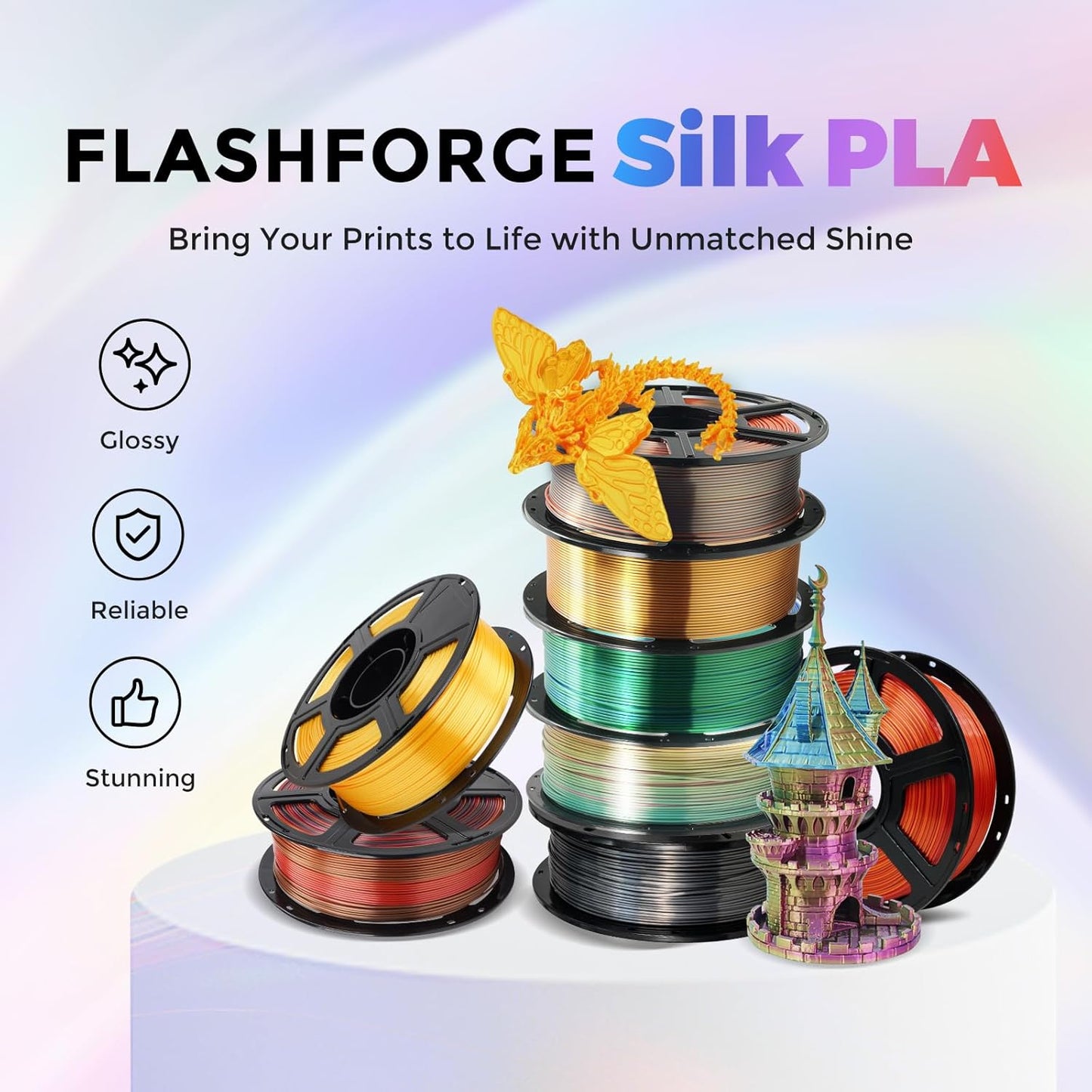 Flashforge 3D Printer Filament Silk PLA 1.75mm 1kg Spool-Dimensional Accuracy +/- 0.02mm (Metal Grey)