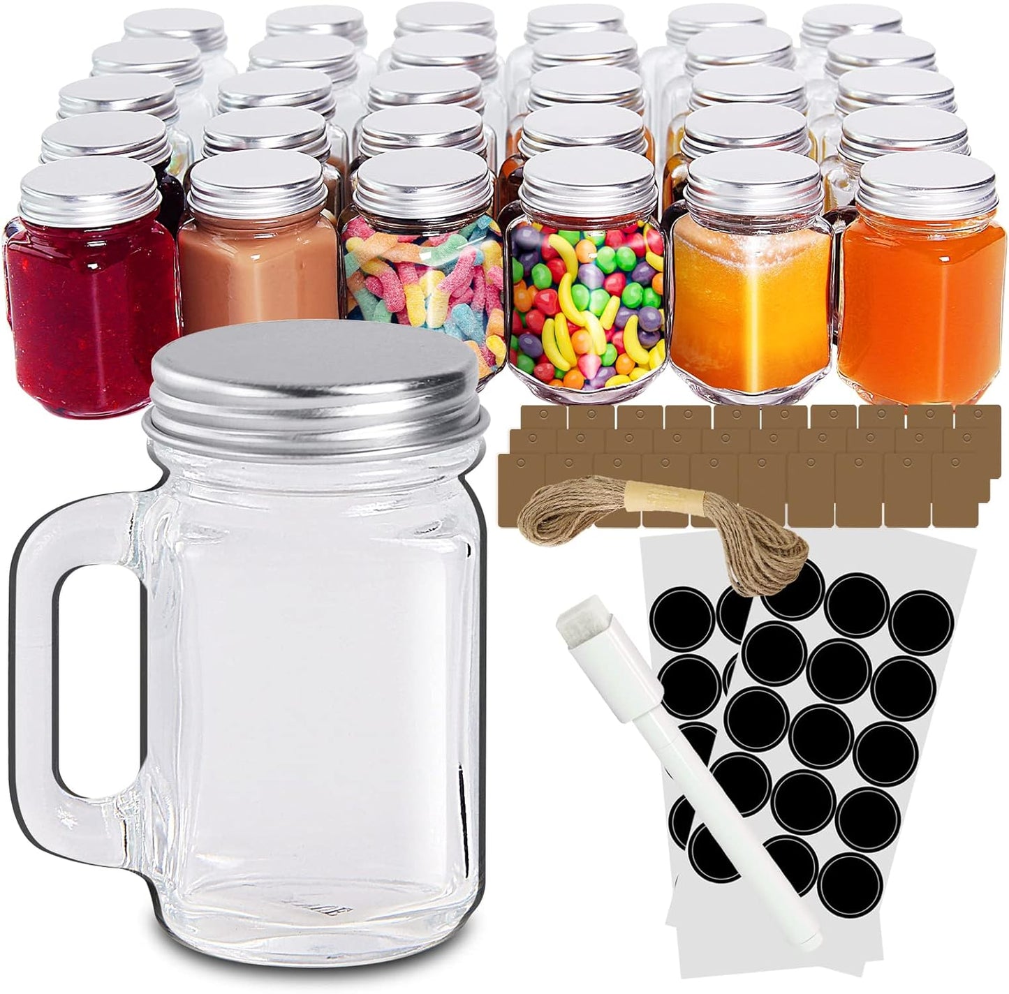30 Pack Small Mason Jars, 1.5 oz Mini Mason Jar Glasses with Lids & Handles Mini Honey Jars DIY Decorations,Glass Favor Jars for Drink, Dessert, Candle, Craft, 30 Labels and Hemp Rope & Pen
