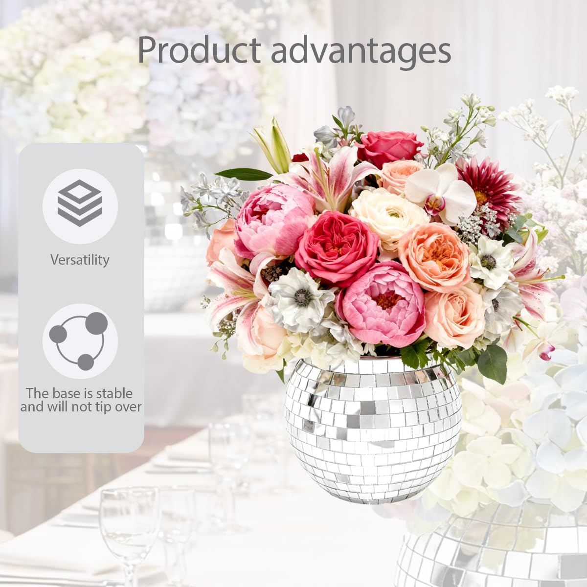 2 Pcs Disco Ball Vases,6" X 6.7" Disco Ball Centerpieces Decor,Silver Mirror Plastic Vase Disco Ball Planter for Wedding,Birthday,Office Table Decorations