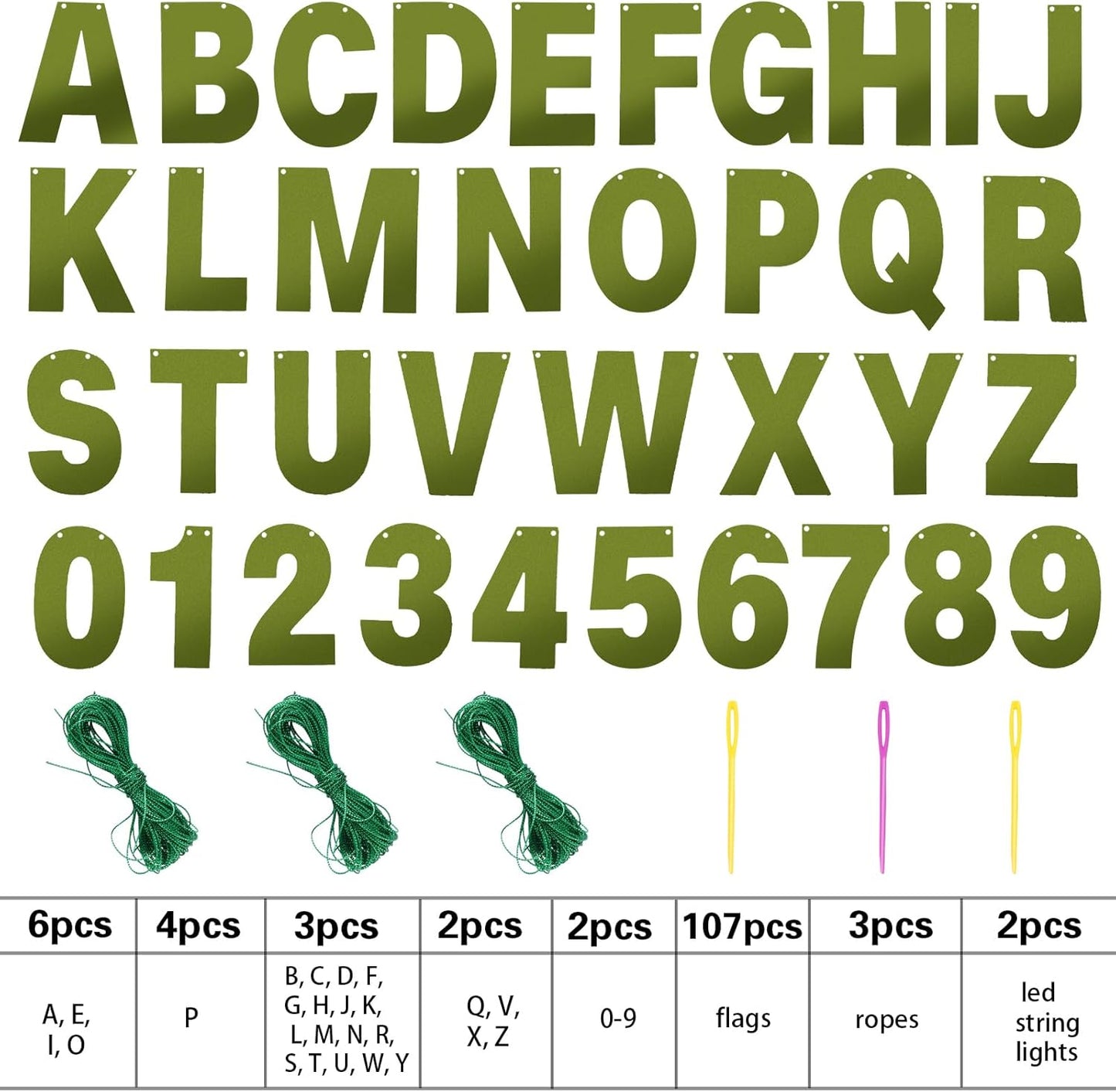 TaoBary 112 Pcs DIY Letter Kit Glitter Customizable Banner Letters Include 107 Letters and Numbers 3 Rope and 2 Needles for Birthday Halloween Christmas Wedding Valentine Party Decor(Bright Green)