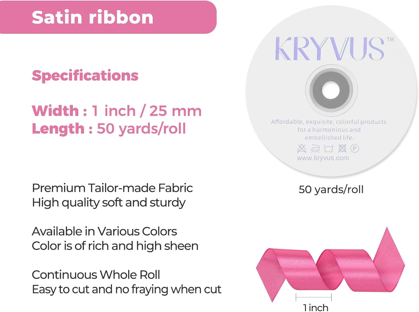 Hot Pink Satin Ribbon 1 inch X Continuous 50 Yards, Single Face Polyester Ribbon Perfect for Gift Wrapping, Flower Bouquet, Wedding Decor, Crafts, Bow Making, Sewing and More