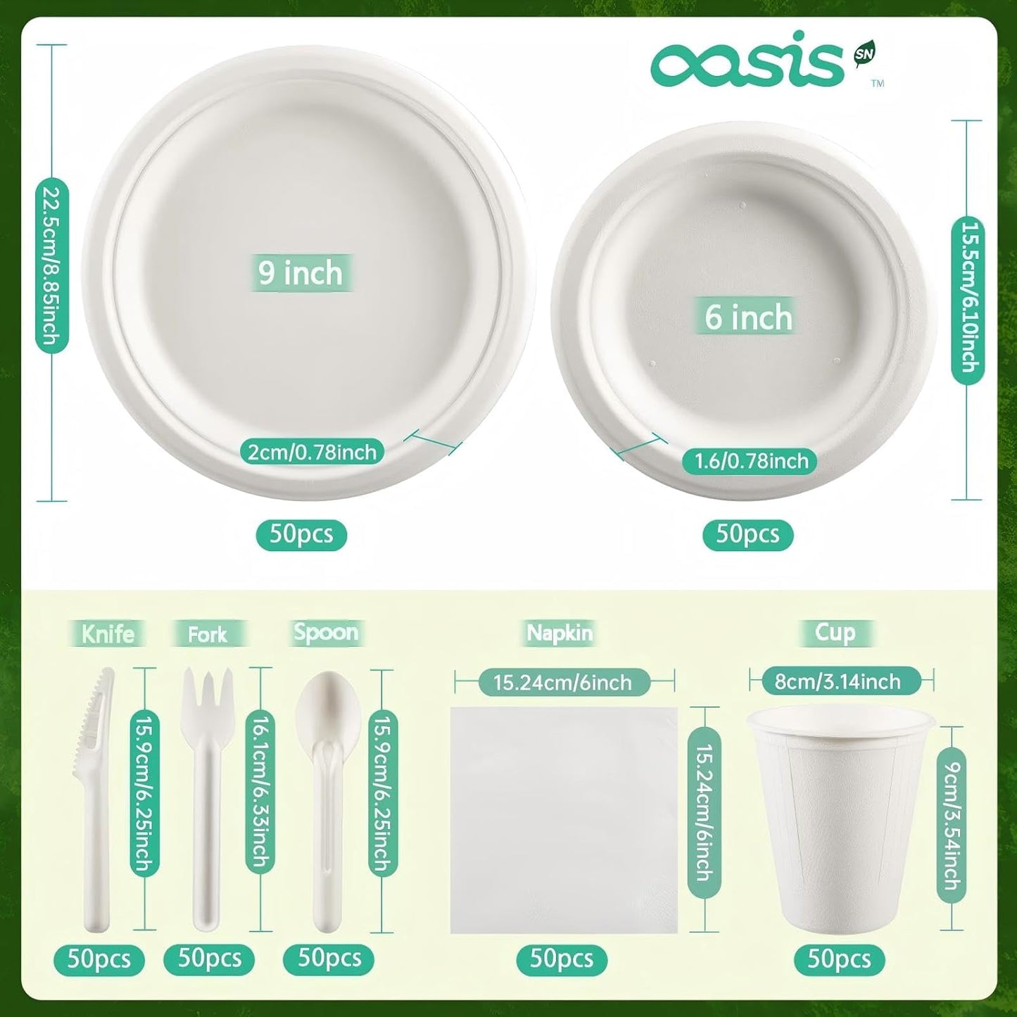 350PCS Disposable Paper Dinnerware Set for 50 Guests, Compostable 50 Dessert Plates, 50 9 inch Plates, 50 Cups, 50 Spoons, 50 Forks, 50 Knives and 50 Napkins, Perfect for Parties(White)