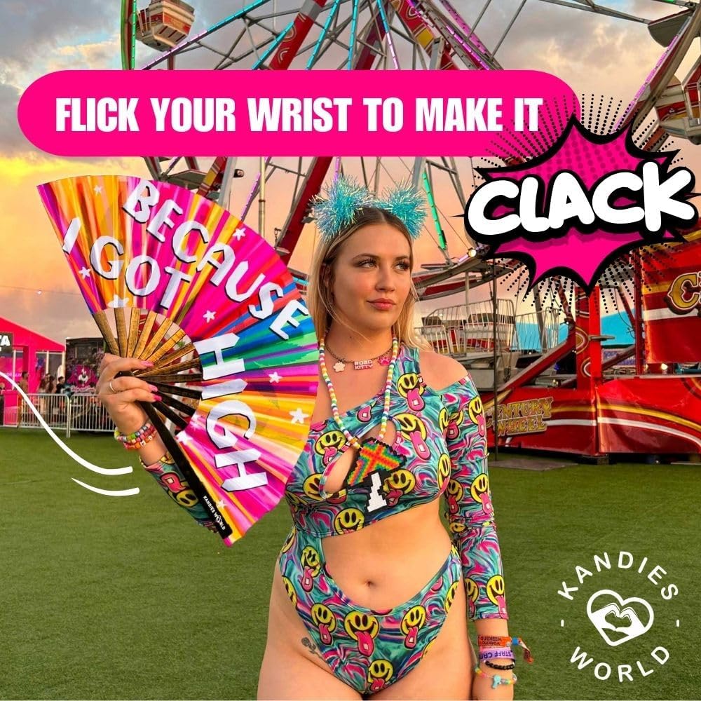 Kandies World Custom Festival Folding Hand Fan - Unique Designs, Made of Bamboo, Clacking Sound, Lightweight - Perfect Rave and Festival Accessory!
