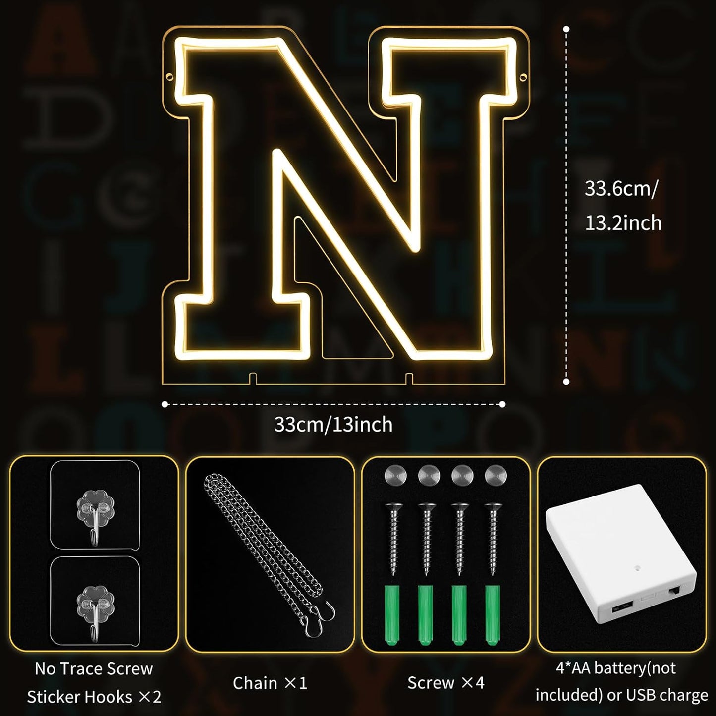 Light Up Letters N, Led Marquee Letter Lights Neon Sign, 13.2" Height Decorative Lighted Alphabet Number, Battery/USB Powered Led Letters Lights for Wedding, Birthday, Party, Christmas or Home Decor