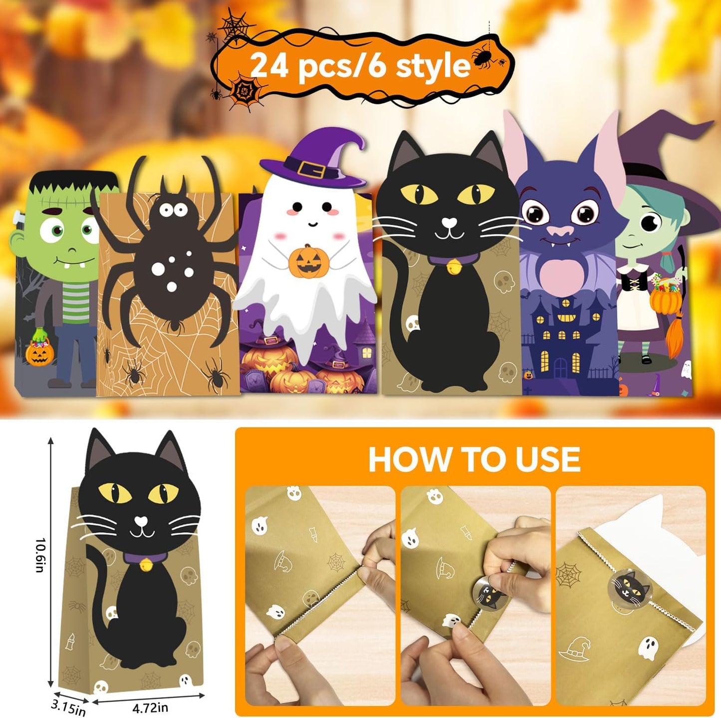 Tikitup Halloween Treat Bags-24pcs Trick or Treat Goody Bags with 24pcs Stickers,Mini Paper Gift Bags for Treats Snacks, Goodie Bags Party Supplies, Holiday Pastries Supplies