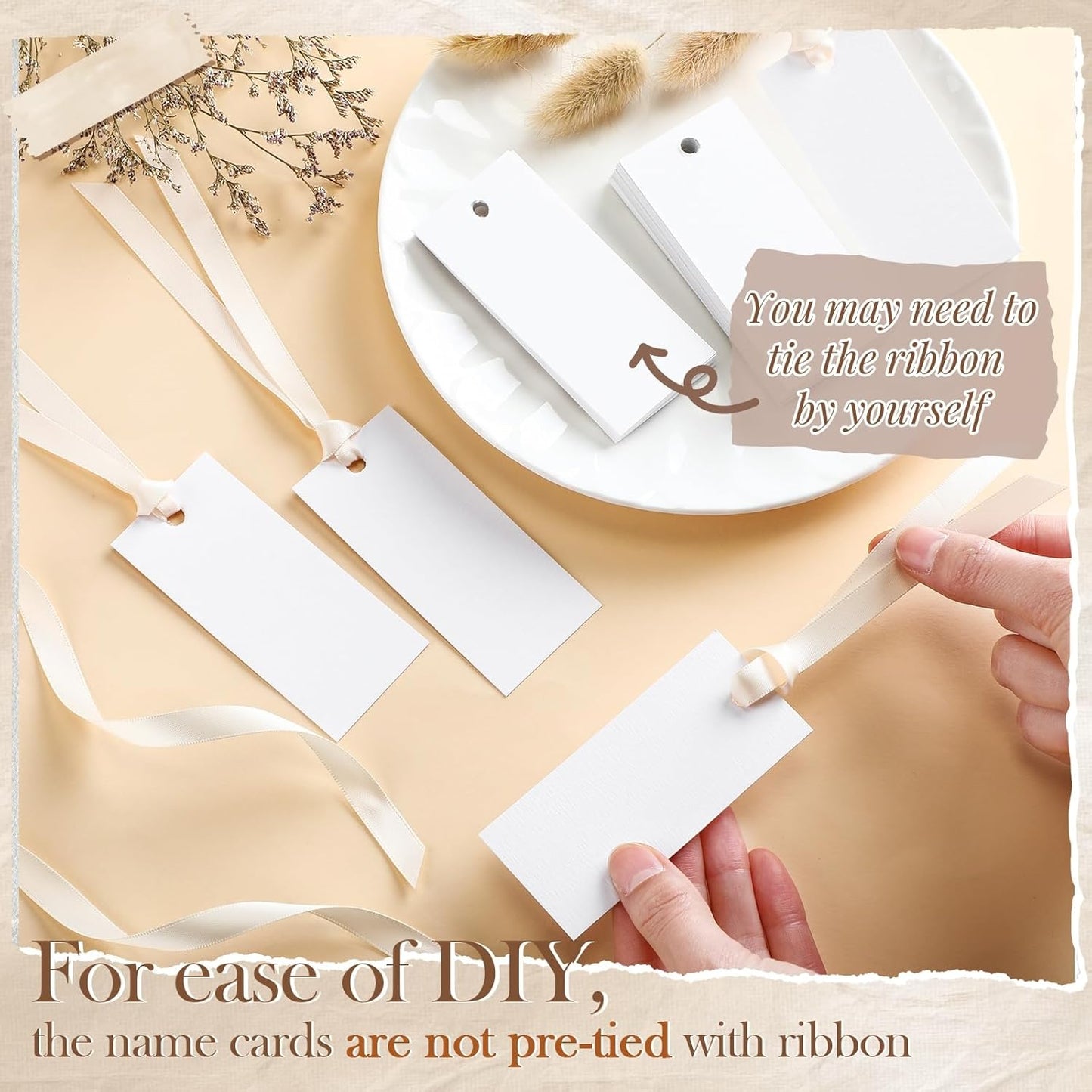50 Pcs Name Place Cards for Table Setting Blank Wedding Place Cards with Satin Ribbon 1.57 x 3.54 Inch Hanging Gift Tags for Wedding Dinner Banquet Party Table Setting Supplies(Beige)
