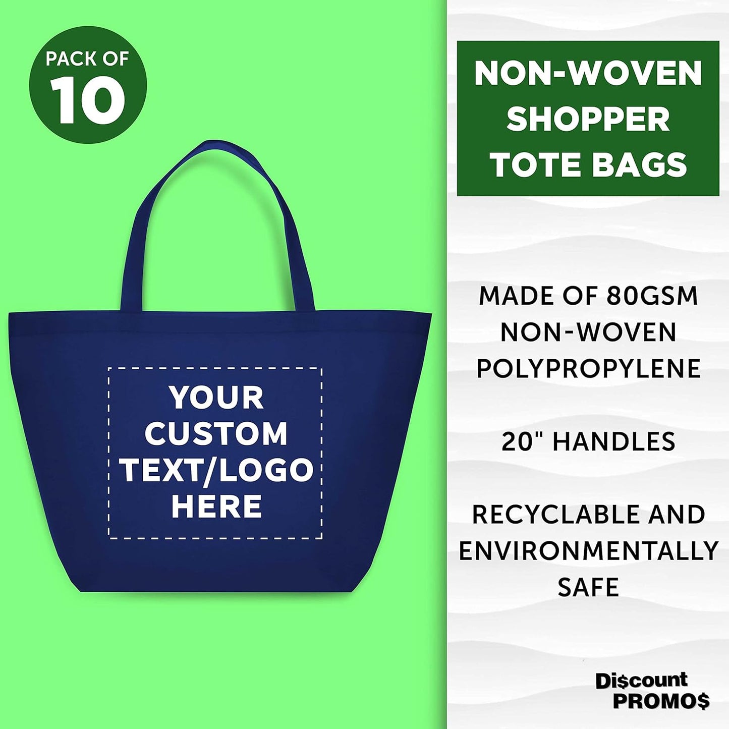 DISCOUNT PROMOS Custom Southern Style Grocery Tote Bags Set of 10 - Personalized Bulk Pack, Reusable Grocery & Shopping Bags - Great for Travel, Business Promotions - Navy Blue - 20"X13"X8"