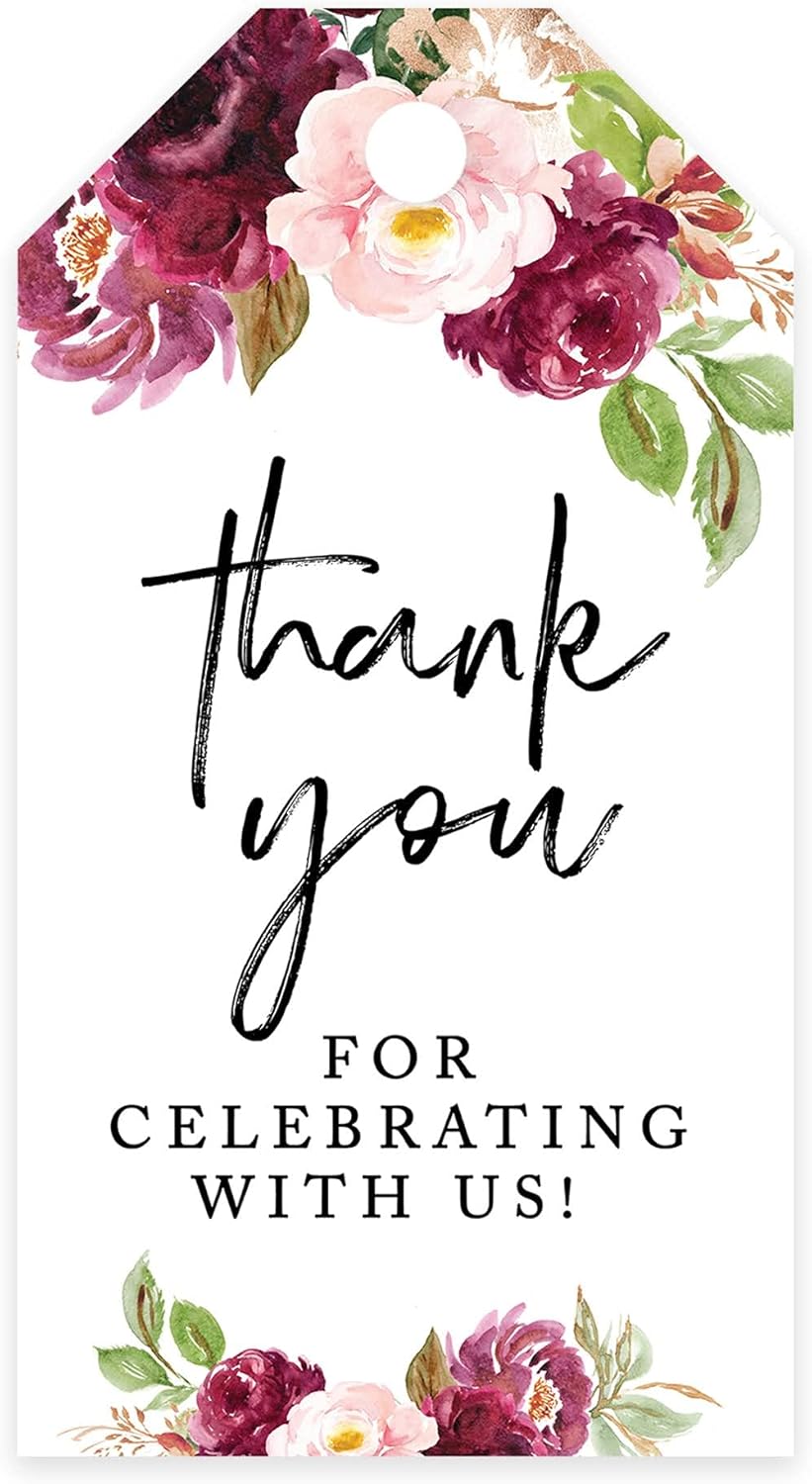 Andaz Press 100-Pack Thank You for Celebrating with Us Favor Tags Fall Burgundy Marsala Cardstock Gift Tags with Bakers Twine for Wedding Baby Shower Bridal Shower Party Favors 2 x 3.75-Inches