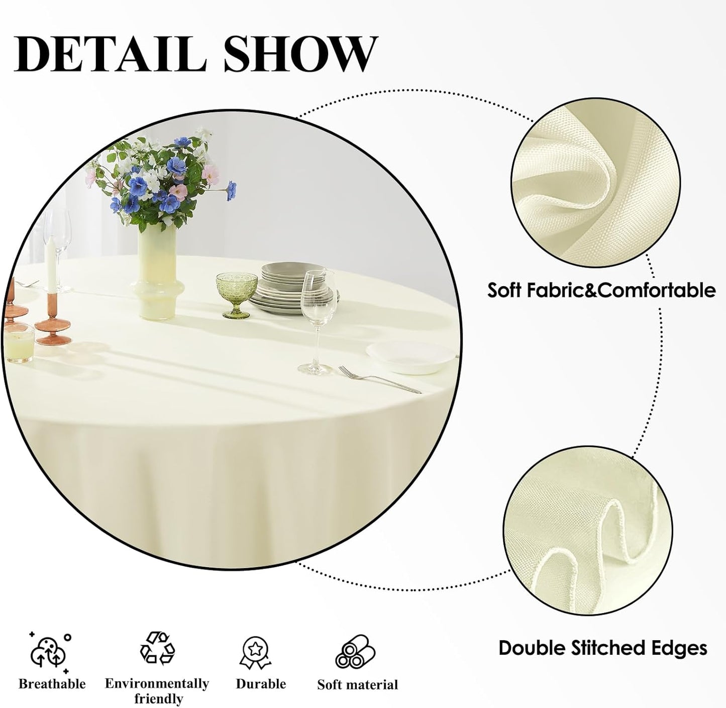 Round Tablecloth 6 Pack 90 Inch Ivory Tablecloths Washable Decorative Linen Polyester Table Clothes Cover for Dining Table Banquets Buffet Parties and Wedding