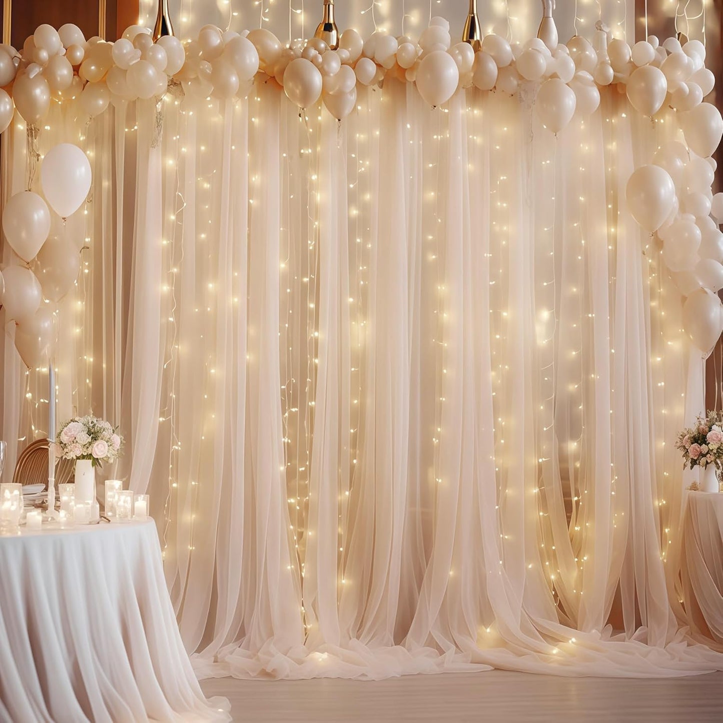 10×10ft Champagne Tulle Backdrop Curtain with Lights String for Parites, Sheer Photo Curtain Backdrop Drapes for Wedding Party Photography Backgrounds