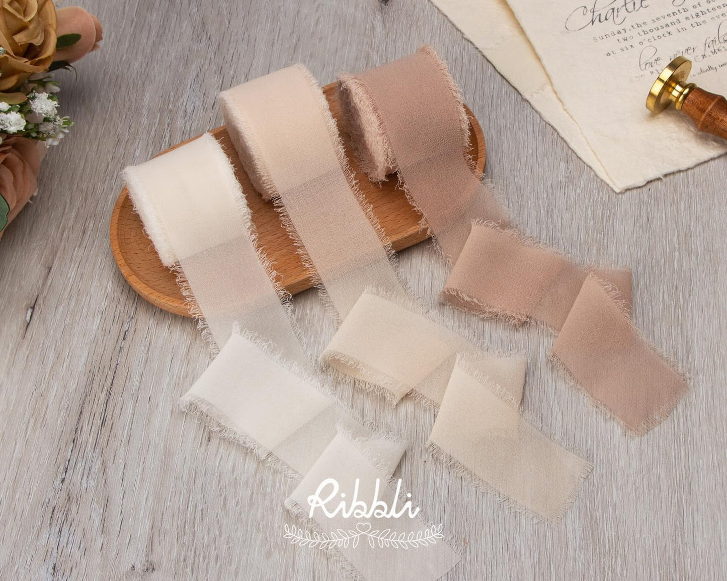 Ribbli Chiffon Silk Ribbon, 1.5 inch x 30 Yard, Cream/Champagne/Beige Fringe Chiffon Ribbon for Wedding Invitations, Bridal Bouquets Wrapping, Flower Arrangement Decoration