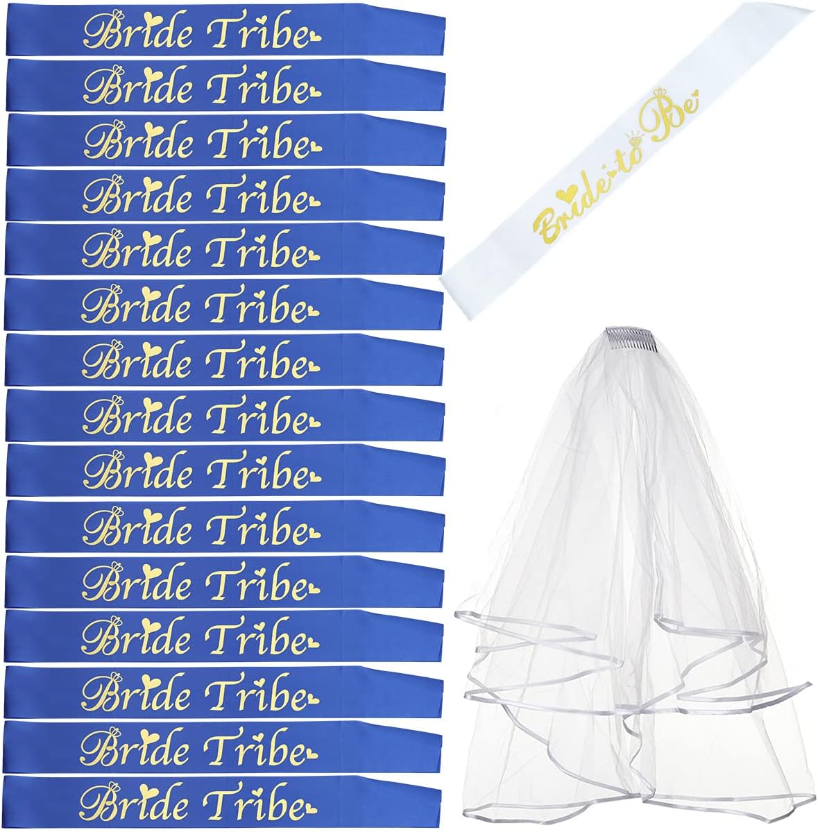 Bride Tribe Bridesmaids Sashes Sets Bachelorette Party Decorations Supplies Bridal Shower Favors Gift (Blue, 16 Sash with 1 Veil)