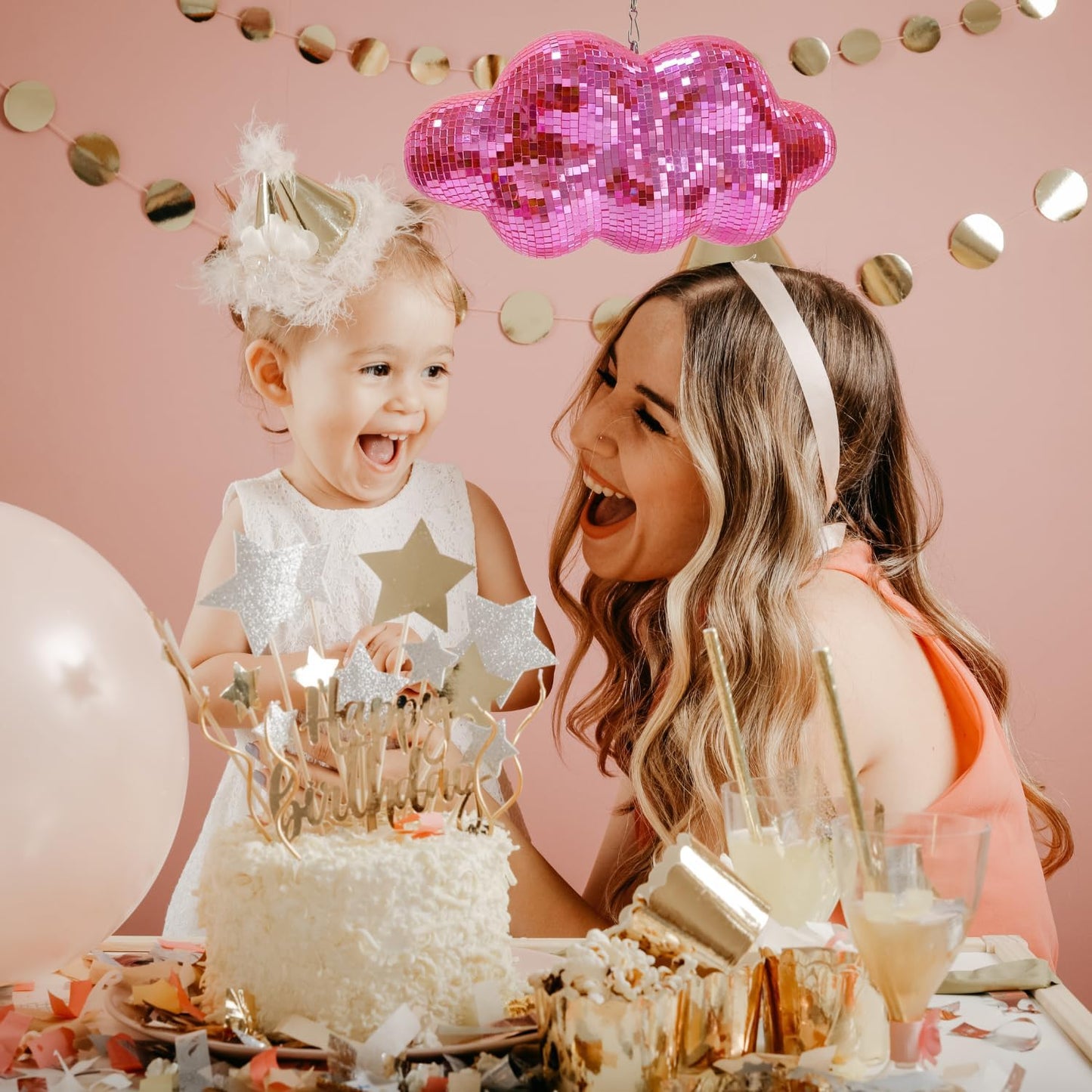 Pink Disco Ball Cloud Shaped, Hanging Disco Decor for Party,Room,Home, Retro Reflective Mirror Ball with Chain, Disco Ornaments, Design Patent