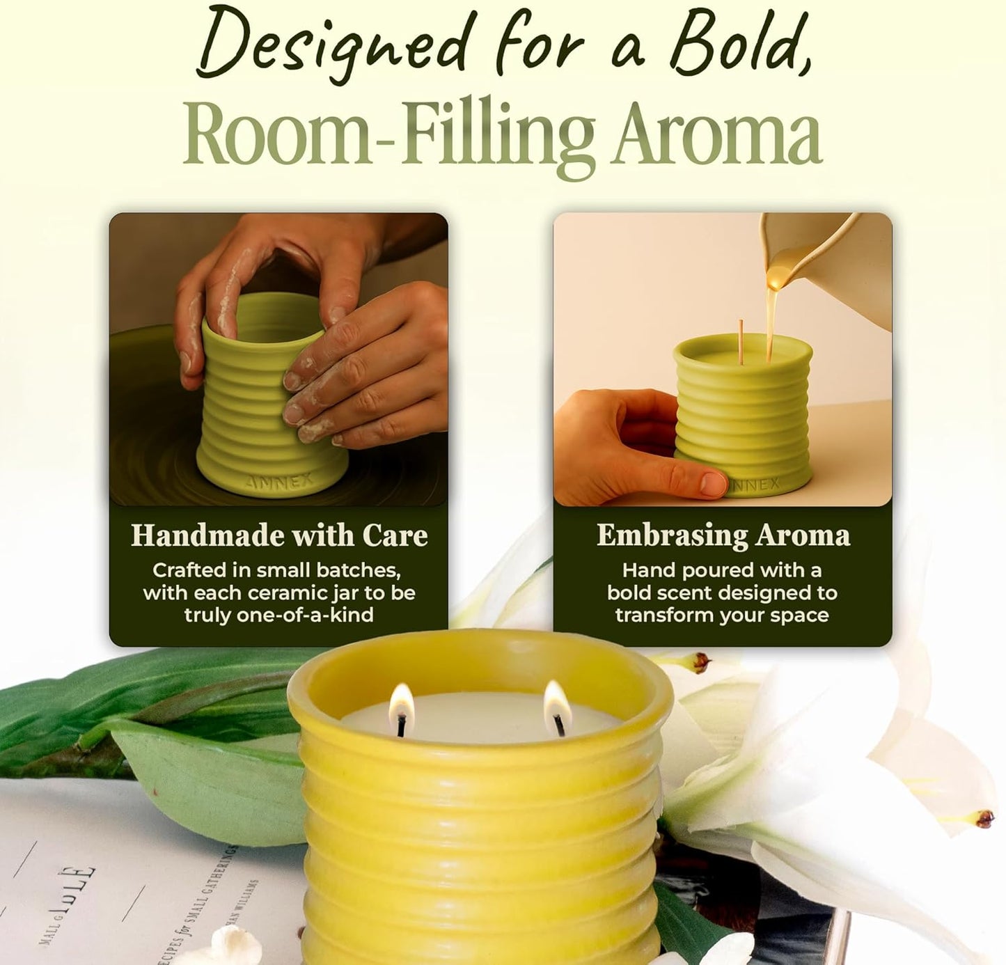 Scented Luxury Candles in Handmade Ceramic Jars, Soy Wax | Flower Bomb – Lily of The Valley & Jasmine, Large Candle | Non Toxic, 2 Wicks, Reusable Yellow Jar | Natural Spring Aromatherapy for Women