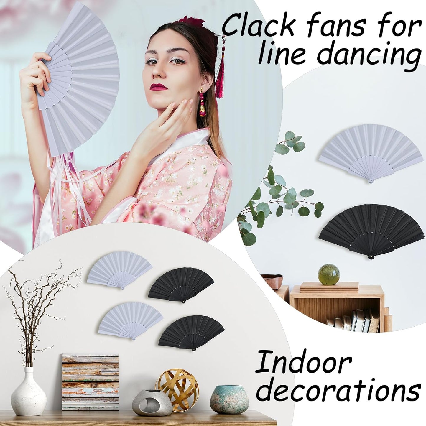 Wenqik 80 Pcs Wedding Folding Hand Fans Bulk Silk Fabric Chinese Handheld Foldable Clack Fans with Plastic Ribs for Party, Wedding Gifts, Line Dancing, Home Decorative (Black,White)