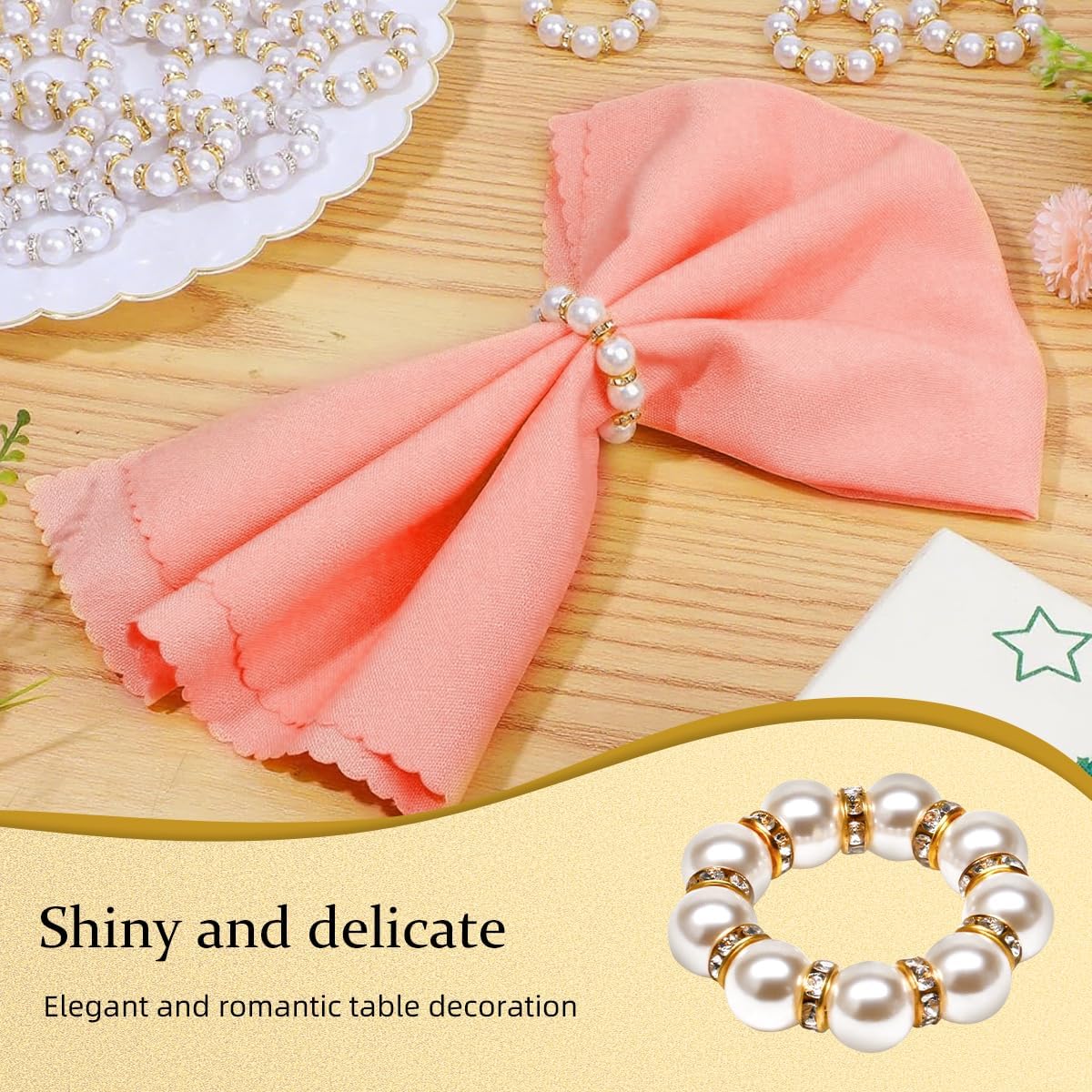 50Pcs Pearl Napkin Rings, Imitation Pearl Napkin Rings Holder, Disposable Beaded Serviette Napkin Buckles for Wedding Reception Party Banquet Dinner Table Decor (Pearl Gold, 50 Pcs)