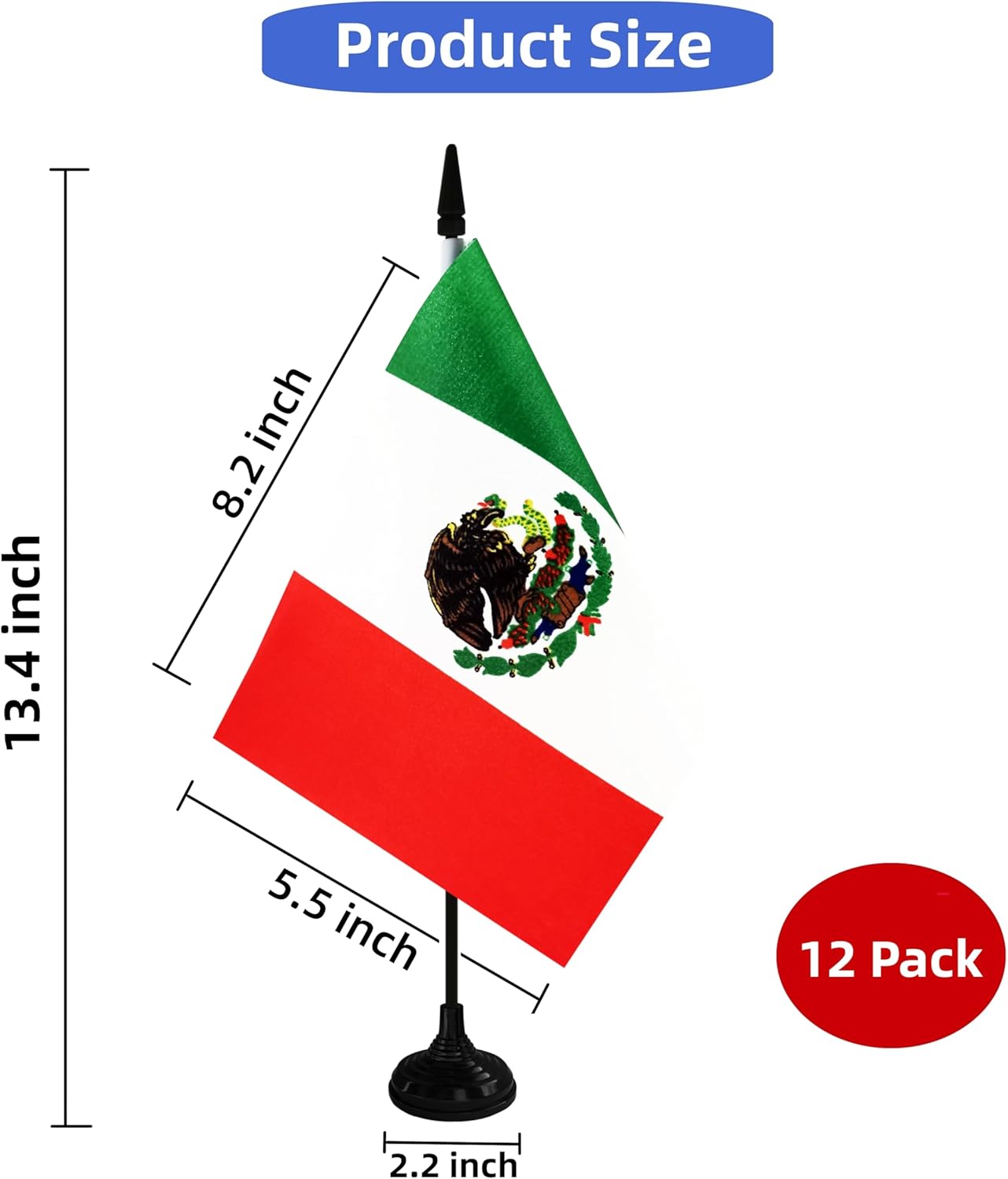 Mexico Desk Flag, 12 Pack Mexican Table Office Flag with Black Solid Pole and Stand Base, International Country Flag, Festival Celebration, Classroom Meeting Desktop Decor (Mexico)