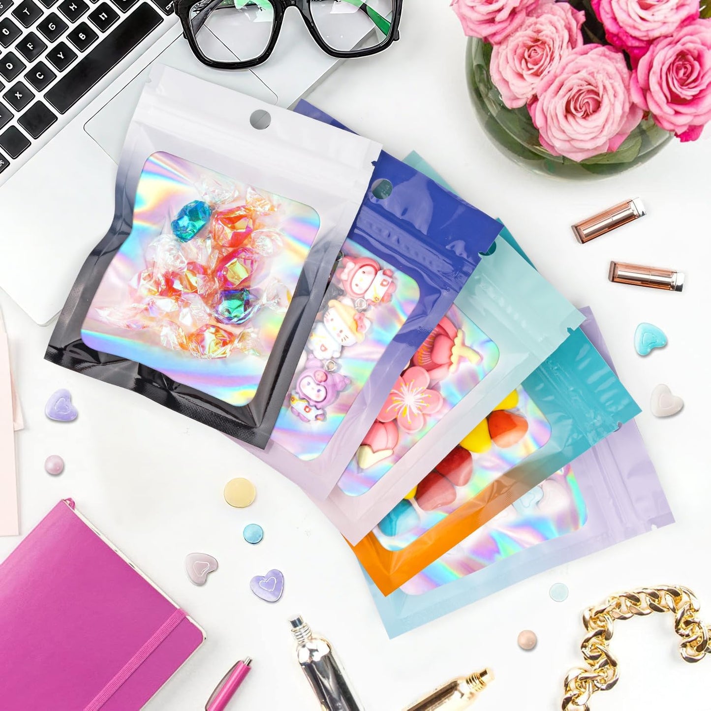 Funfery 100 Pack Gradient Holographic Bags,Resealable Bags with Zipper,Clear Window Packaging Pouchs,Foil Bag for Food Storage,Small Business,Sample Jewelry Bag(3.5×4.7In,White Black)