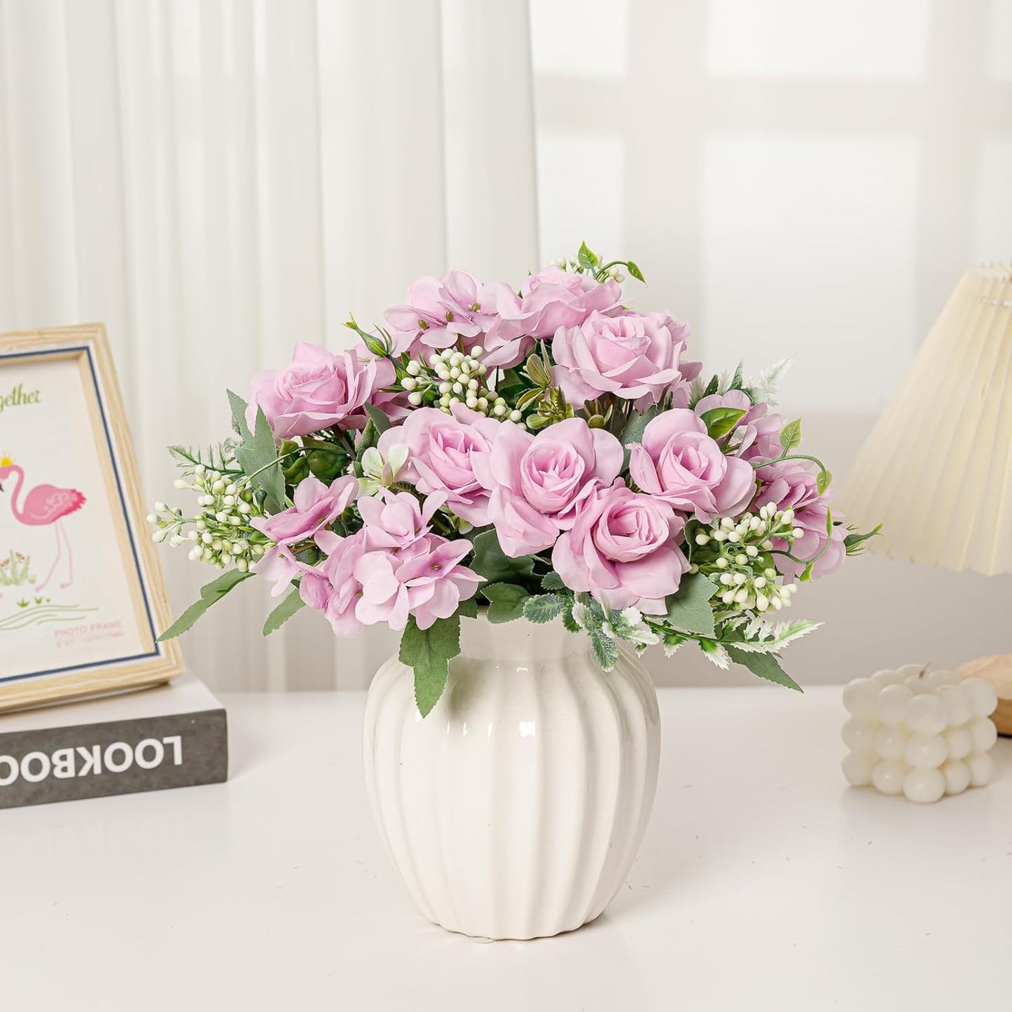 Artificial Flower 5 Branches Artificial Silk Fake Flowers Bouquet Small Roses for Wedding Home Office Tables Decor 4 Packs(Light Purple)