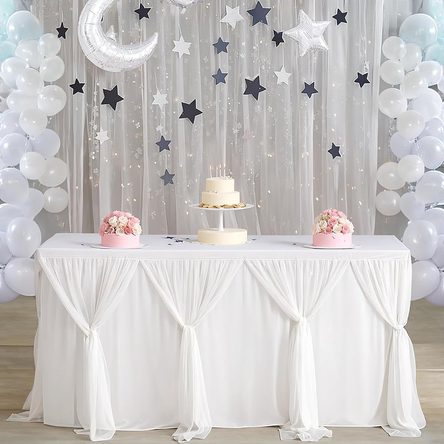 Suppromo White Tulle Table Skirts for Rectangle Tables 6ft for Wedding Birthday Party Bridal Shower White Tutu Ruffle Table Cloth for Cake Dessert Buffet Banquet Dinner Table Decorations
