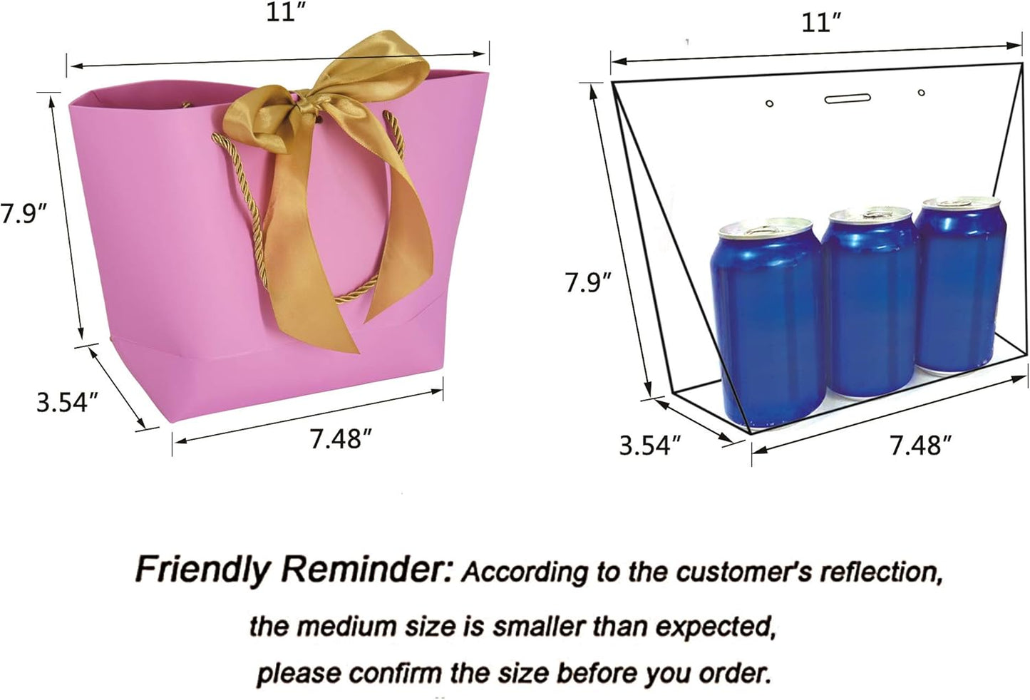 HUAPRINT Gift Bags with Handles,7.48×3.54×7.9 inches,Party Favor Bags with Bow Ribbon,12Pcs Pink Paper Bags for Birthday Wedding Bridesmaid Holiday Valentine's Day