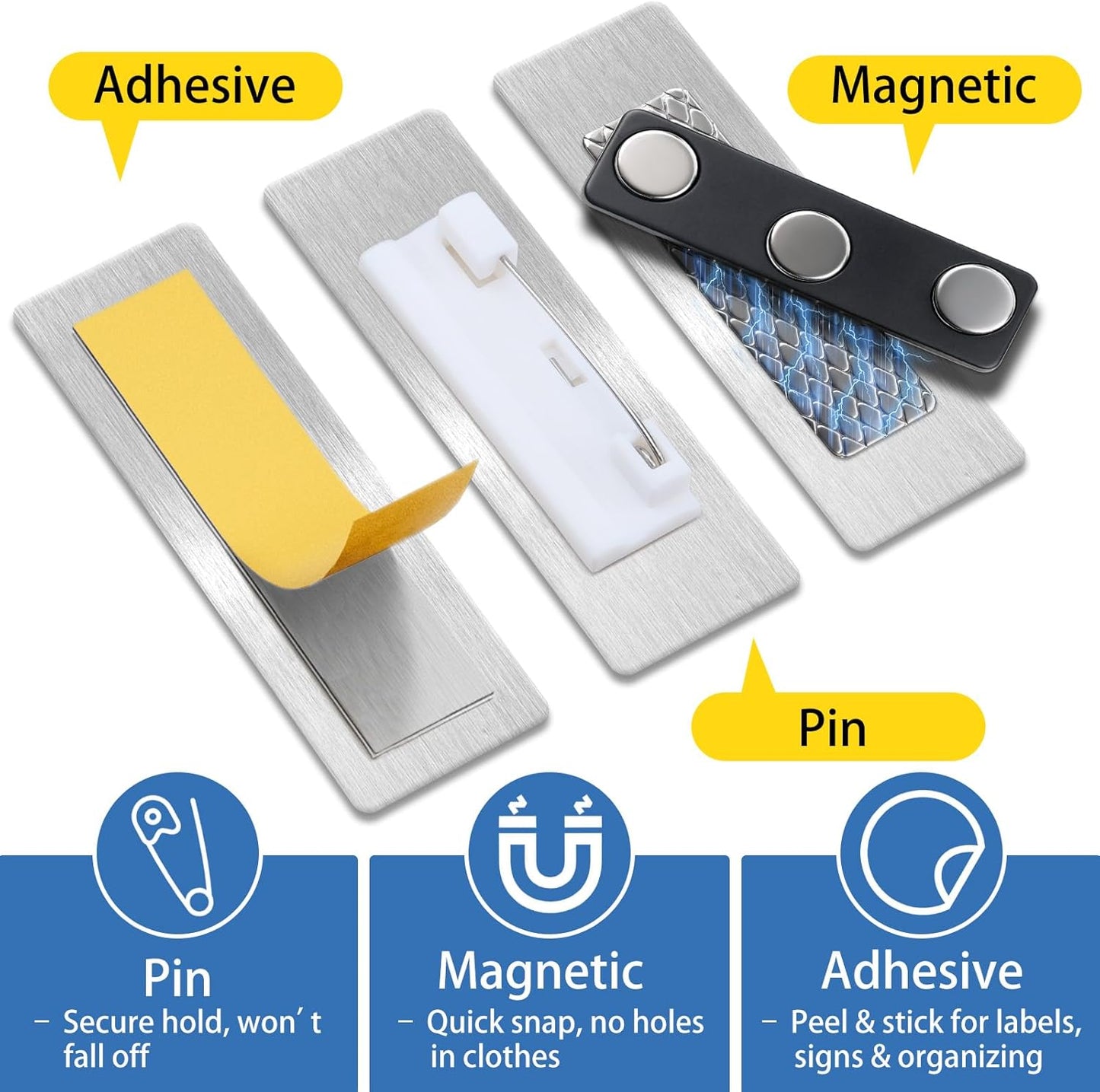 Metal Custom Name Tags – Personalized Engraved Name Badges with Pin, Magnetic or Adhesive Backing, 1×3 Inch ID Badge(Silver)