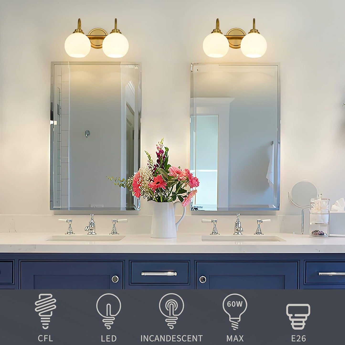 Gold Bathroom Vanity Light Fixtures, 2 Light Modern Over Mirror with White Milk White Globe Glass Shade