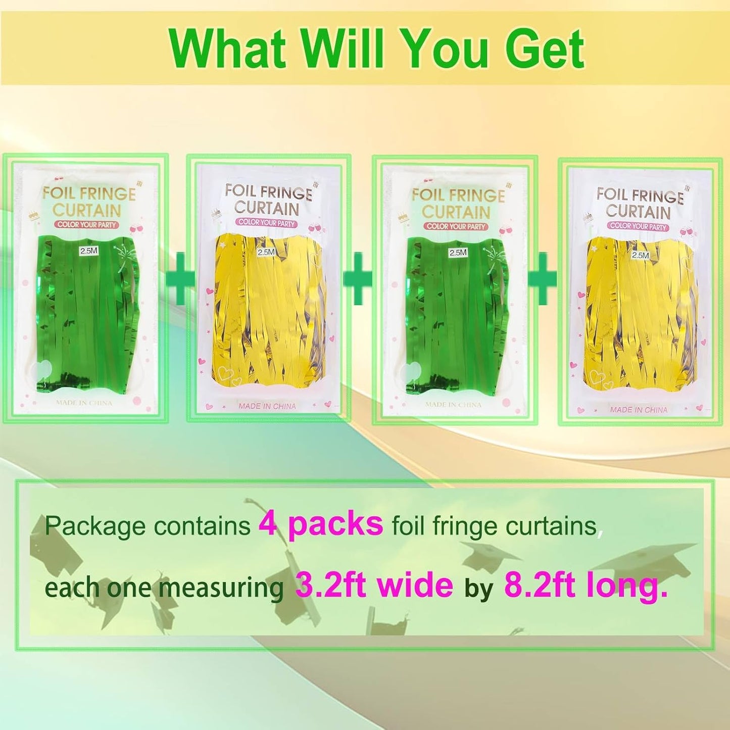 Green Gold 2025 Graduation Party Decorations - 4 Pack of 3.2x8.2ft Foil Fringe Curtains Streamers Backdrop for Birthday Graduation Party Decoration