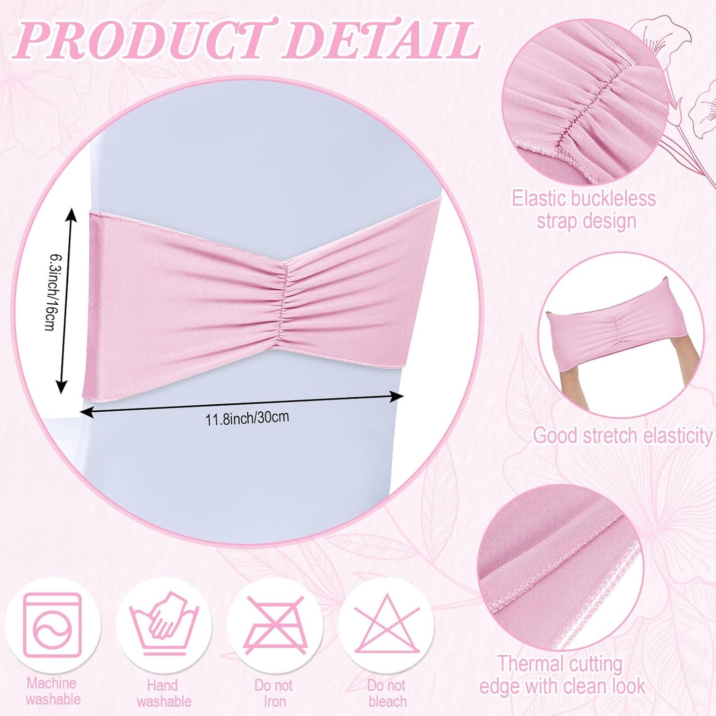 Moukeren 100 Pcs Spandex Chair Sashes Bows Chair Bands Slider Sashes for Chair Covers Elastic Chair Bands Ties Ribbon Chair Decorations for Wedding Party Events Ceremony Birthday Banquet(Light Pink)