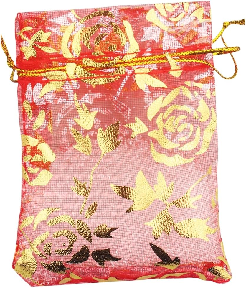 100 Pack 2.8 x 3.5 Inch Flower Heart Organza Jewelry Gift Pouch Candy Pouch Drawstring Wedding Favor Bags B511S (red gold flower)