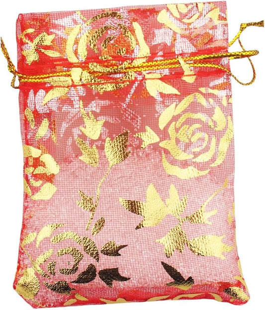 100 Pack 2.8 x 3.5 Inch Flower Heart Organza Jewelry Gift Pouch Candy Pouch Drawstring Wedding Favor Bags B511S (red gold flower)