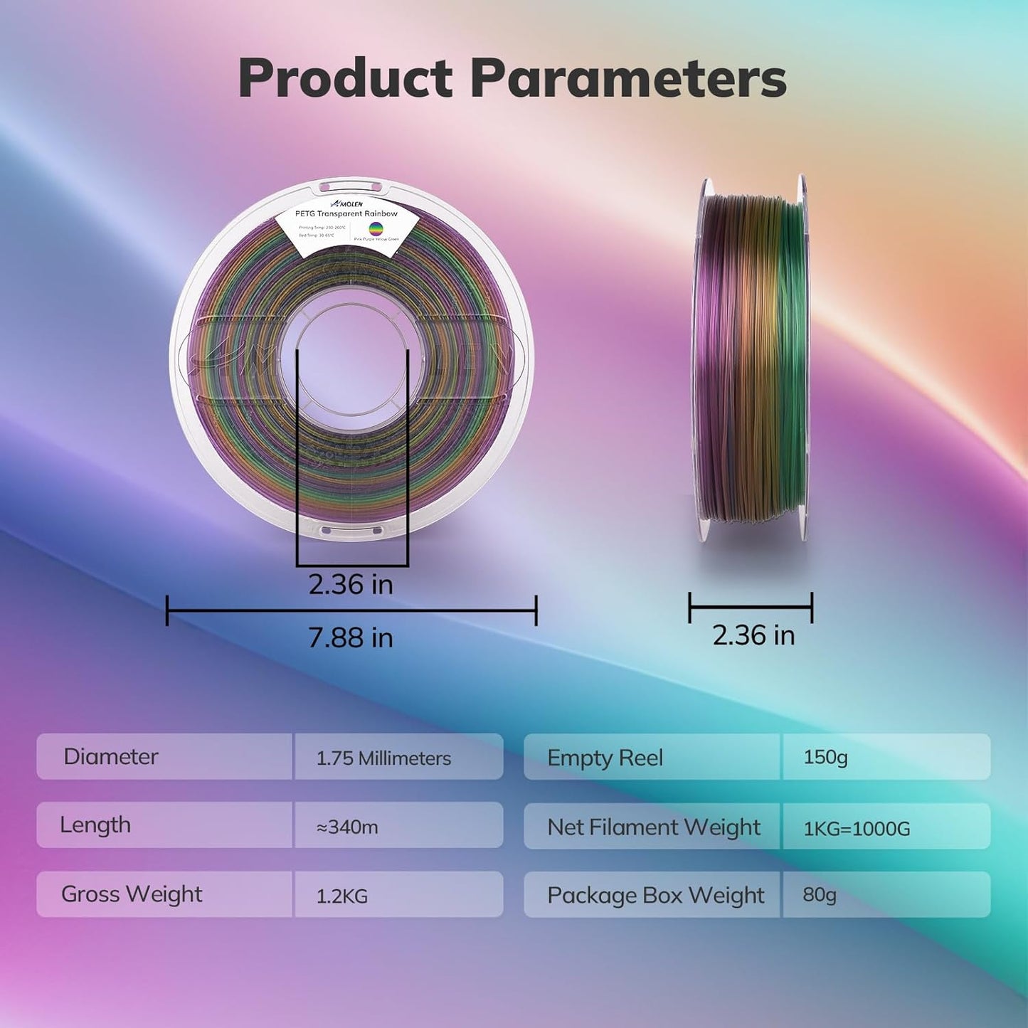 AMOLEN 3D Printer Filament, PETG Filament 1.75mm PETG Multicolor Rainbow -Pink Purple Yellow Green