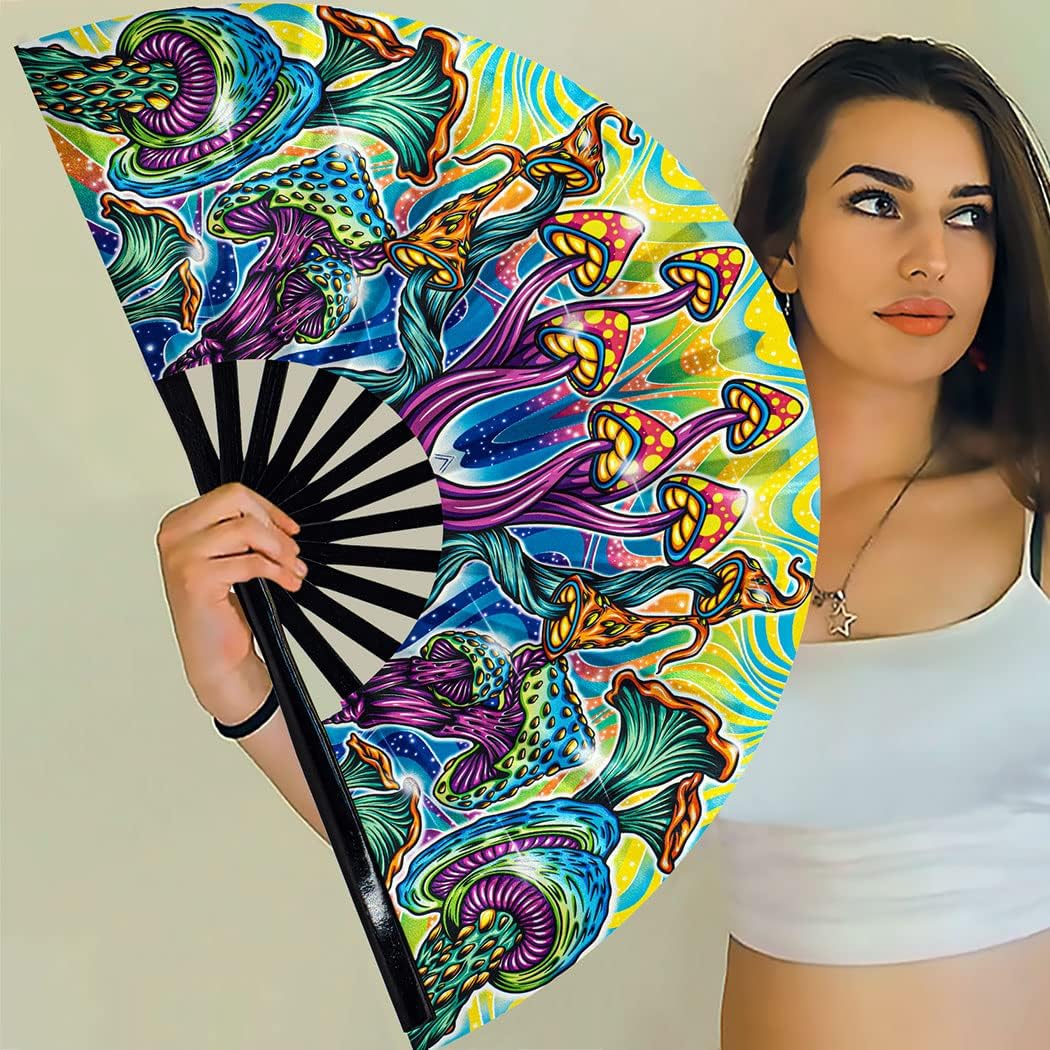 13" Large Rave Fan Bamboo, Folding Clack Hand Fans Foldable for Men Women, Boots on the Ground Poping Fan for EDM Festival Line Dance Decoration, (Magic Mushroom2, Large 13")