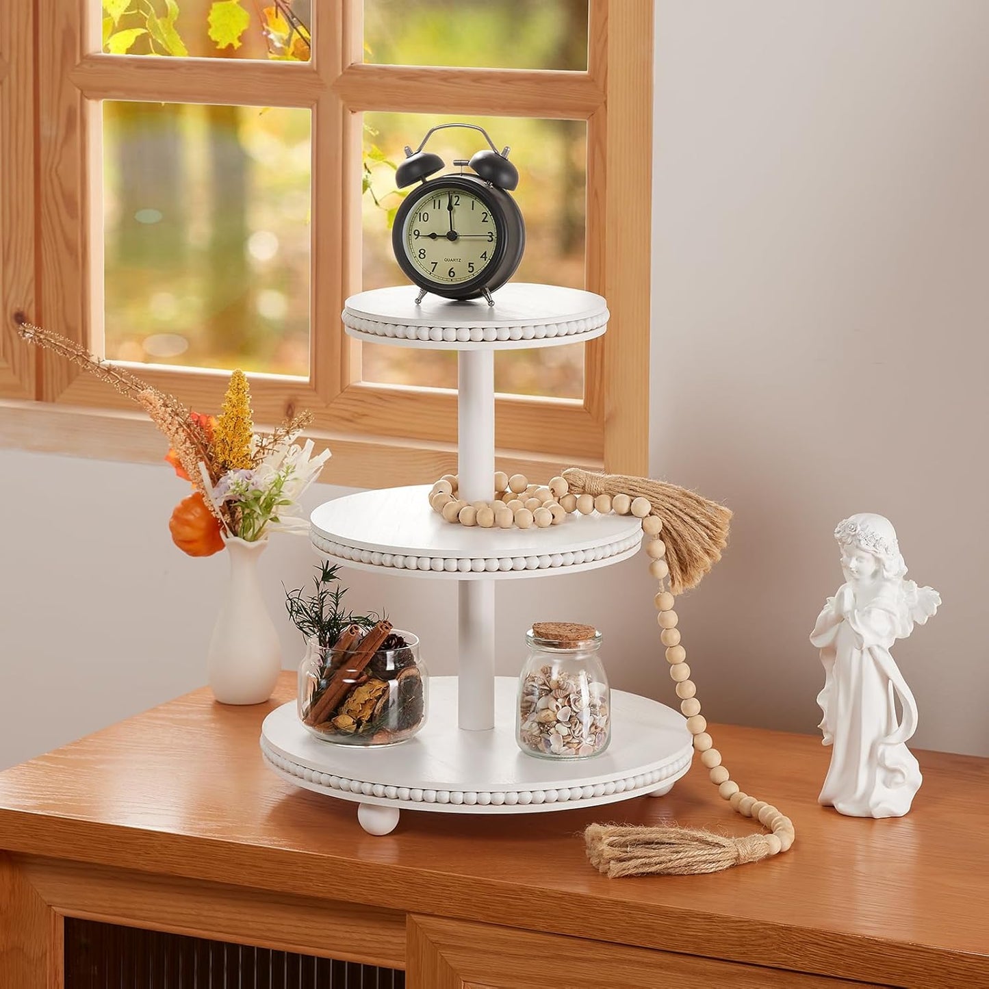 3 Tier Cupcake Stand Round,Wood Cupcake Stand with Beads,Tiered Cake Stand for 24 Cupcakes,Dessert Display Stand,Cupcake Tower for Party, Wedding, Birthday, Home Decor