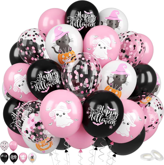 Halloween Balloons, 52 PCS Pink Black Halloween Balloons with Pumpkin Cat, Ghost Printed Balloon, Pink Black Confetti Latex Balloon for Ghost Party Decorations