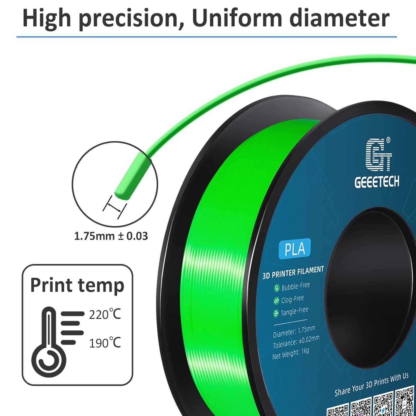 Geeetech Green PLA Filament 1.75mm, PLA 3D Printer Filament 1kg Spool(2.2lbs) Dimensional Accuracy +/- 0.02 mm, 3D Printing Filament Fits for Most FDM 3D Printers