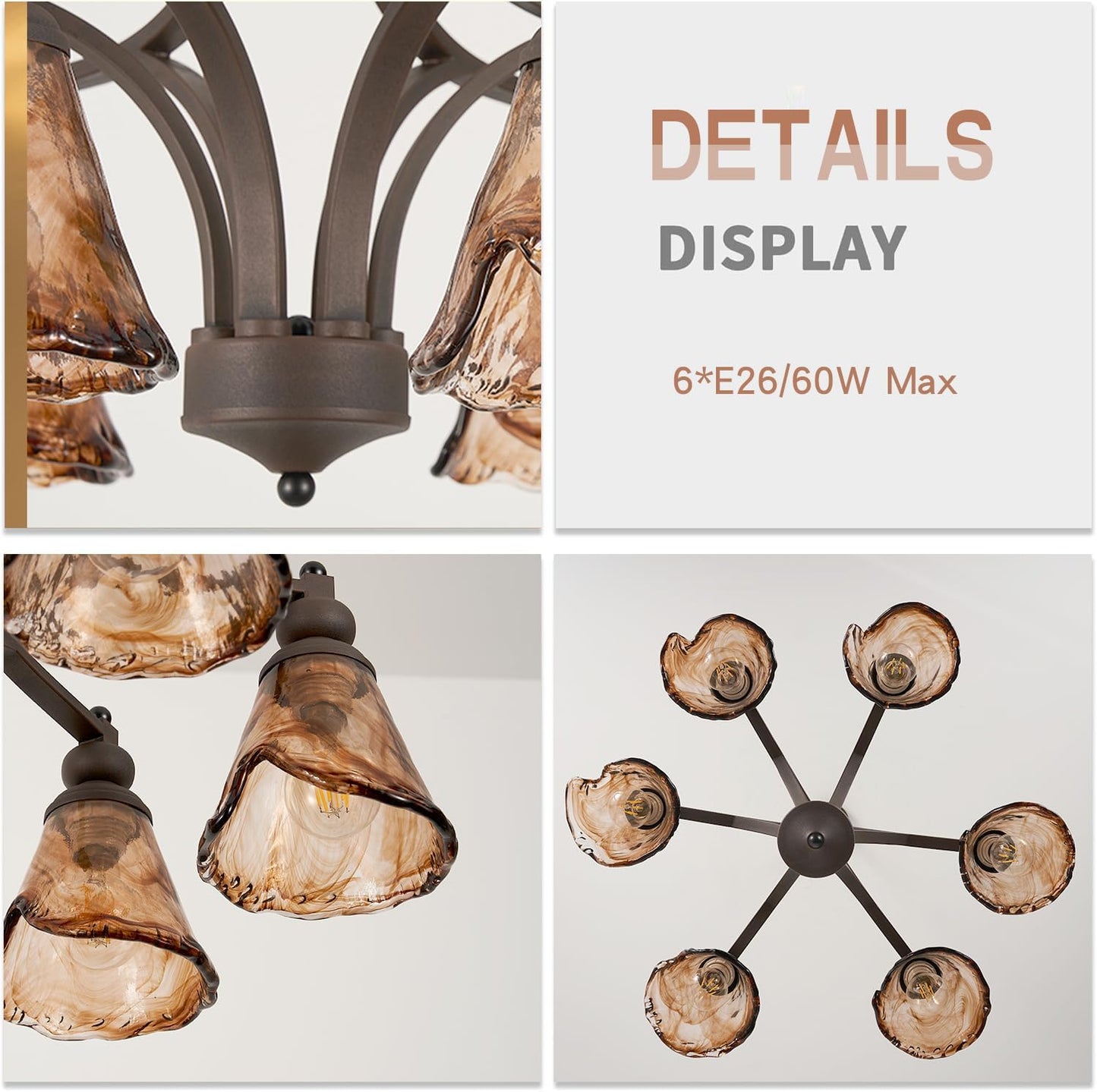 Vintage Farmhouse Chandelier, 27 Inch Adjustable Amber Glass Rust-Finish Metal Pendant Light Fixture for Living Room, Bedroom, Dining Room, Kitchen Lighting (6-Light)