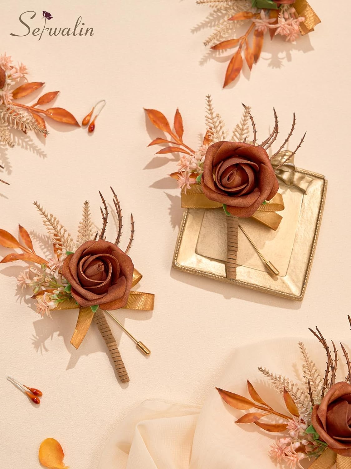 Serwalin 10Pcs Boutonniere for Men, Burnt Orange Groom and Best Man Boutonniere, Artificial Flowers for Wedding Decor, Prom, Homecoming, Ceremony Anniversary, Formal Dinner Party