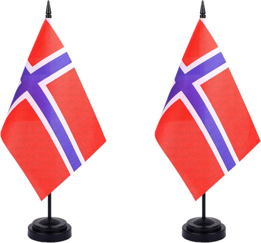 Norway Desk Flag 12" Solid Pole Deluxe Set Norwegian Flags Banner Mini Small Norway Office Table Flags with Black Stand Base Desktop Decorations(2Pack)