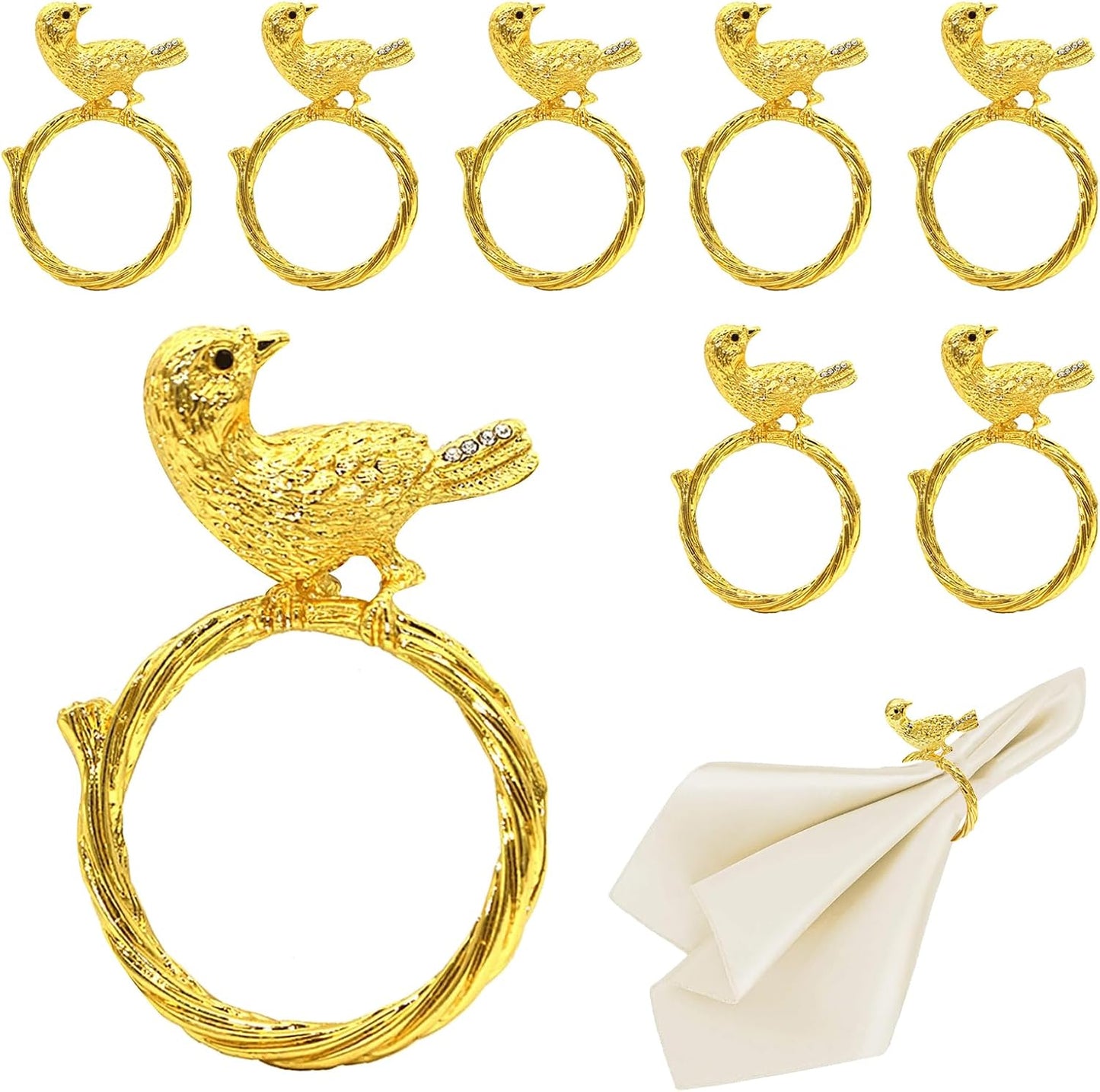Napkin Rings Set of 8 Gold Bird Napkin Rings for Napkins,Shiny Metal Napkin Holders for Cloth Napkins,Unique Rustic Napkin Ring Holders,Summer Napkin Ring for Farmhouse Dining Table Decor