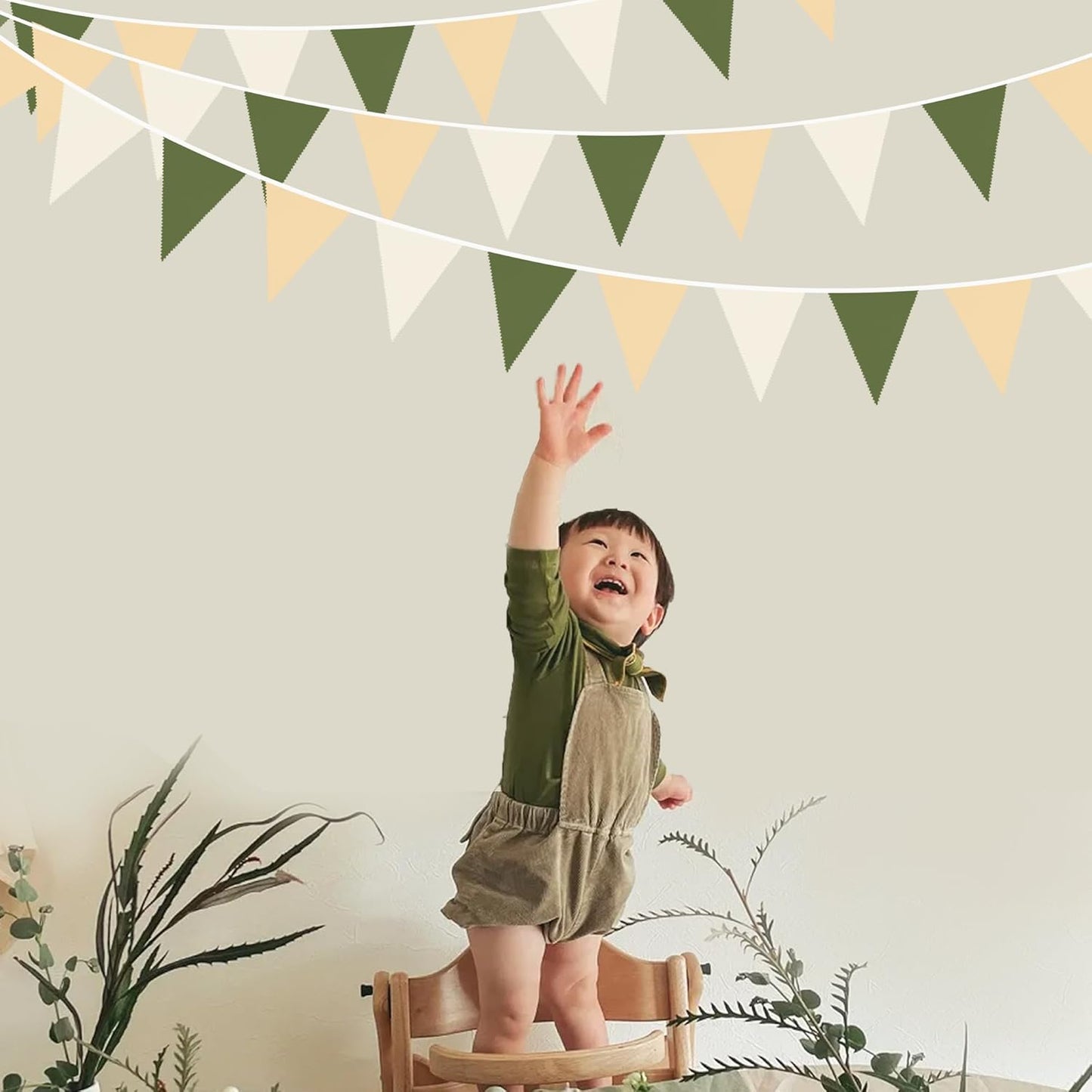 32Ft Sage Green Party Decorations Olive Green Tan Brown Cream Neutral Triangle Flag Fabric Banner Pennant Bunting Garland Streamers for Birthday Wedding Baby Shower Woodland Jungle Safari Party Decor