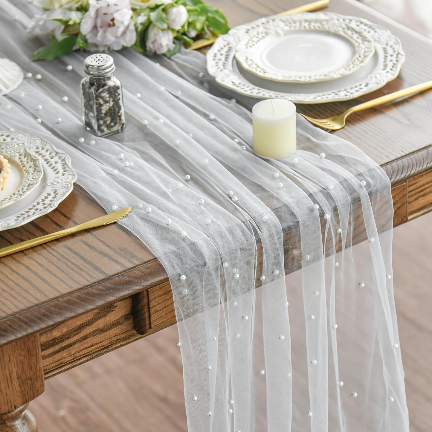 Artoid Mode 6PCS Pearl Gauze Table Runner 120 Inch 10FT, Seasonal Sheer Dining Holiday Wedding Birthday Baby Shower Table Decor for Home Party