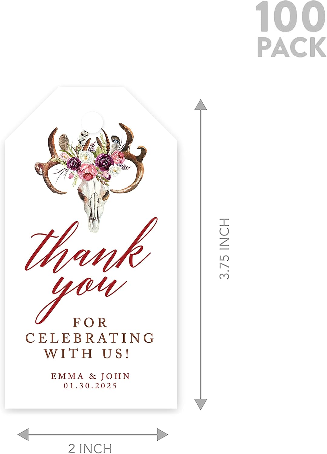 Andaz Press 100-Pack Personalized Thank You for Celebrating with Us Wedding Favor Tags with Bakers Twine Boho Rustic Floral Antlers Custom Cardstock Wedding Gift Tags for Party Favors 2 x 3.75-Inches