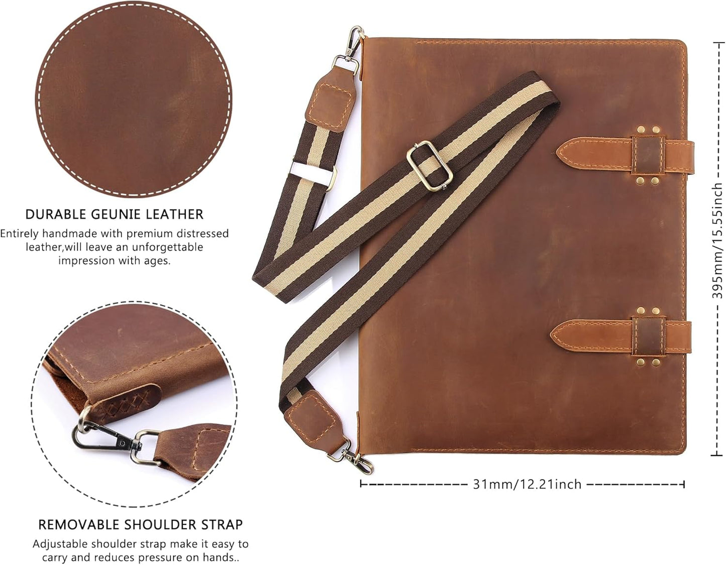 Robrasim Handmade Leather Sketchbook Cover, Artist Sketch Pad Holder for 11"X14" Top Spiral Bound Sketchbook, Drawing Book Pencil Case, Journal Portfolio with Shoulder Strap, Artist Gifts,Brown