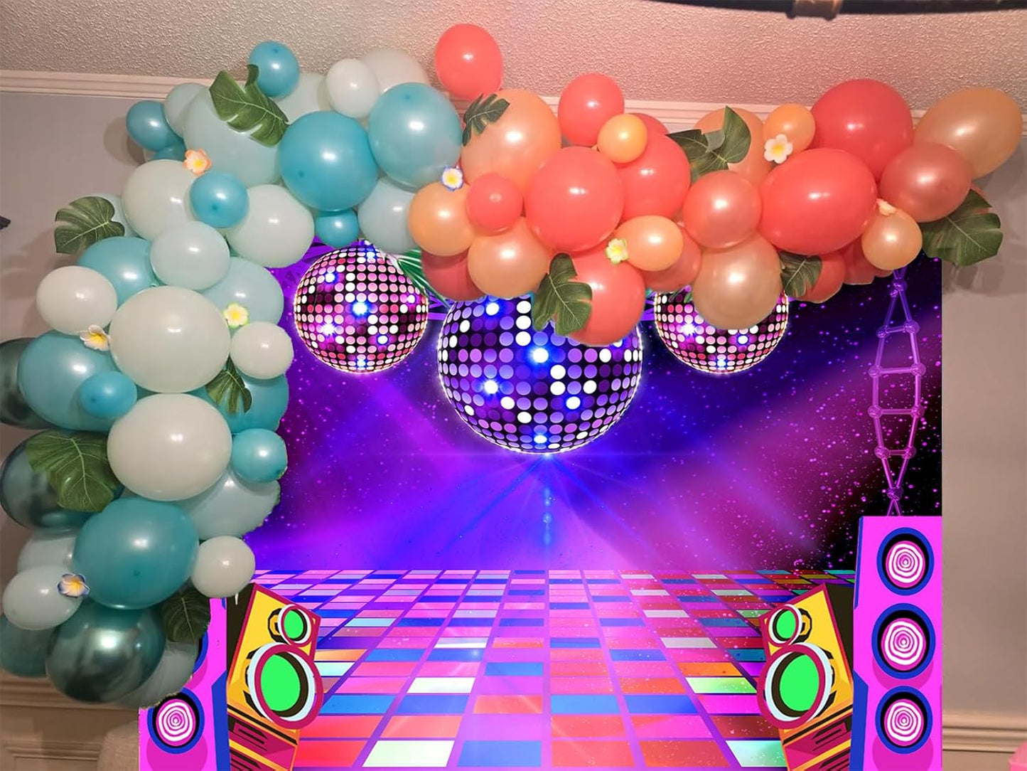Dance Party Backdrop Retro 80s 90s Theme Stage Dance Ball Music Birthday Party Decoration DJ Photography Background 8 x 6 ft for Baby Shower Picture Photo Shoot Polyester Fabric,Purple