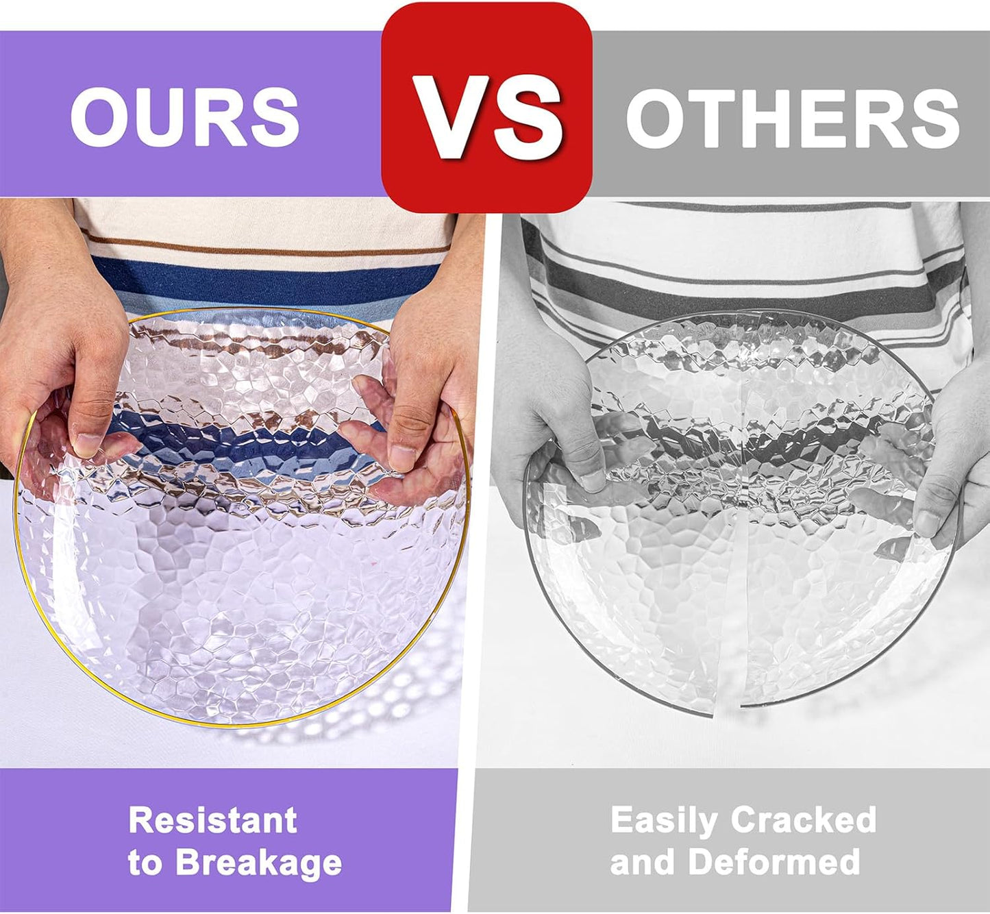 Rubtlamp 100Pcs Plastic Purple Dinner Plates, Heavy Duty 10 Inch Gold Disposable Plates, Hammered Purple Plates with Gold Rim, Fancy Plastic Plates for Weeding Parties