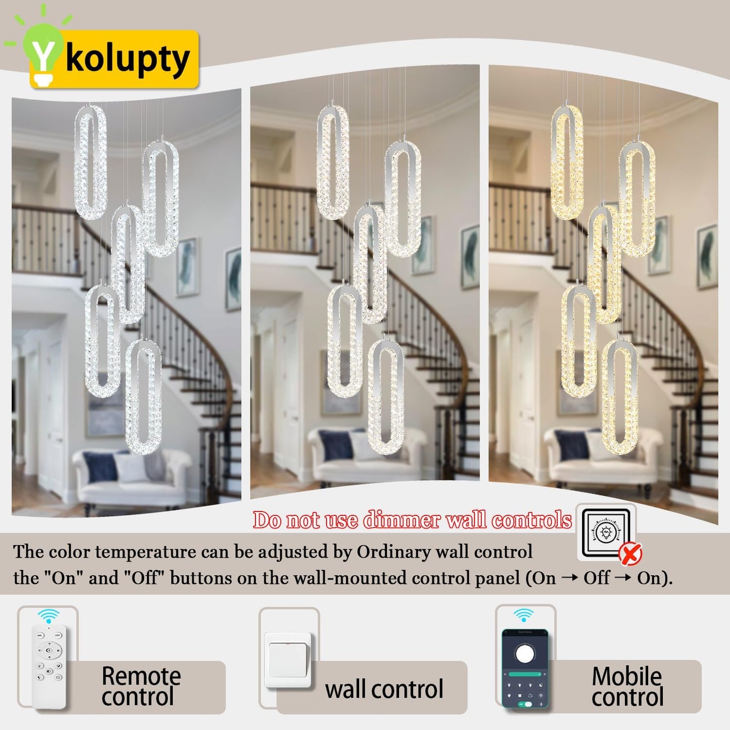 5 Rings Crystal Chandeliers for Staircase Large Pendants Light Fixture Silver High Ceiling Chandelier for Entryway Bedroom Foyer 2700K-6000K