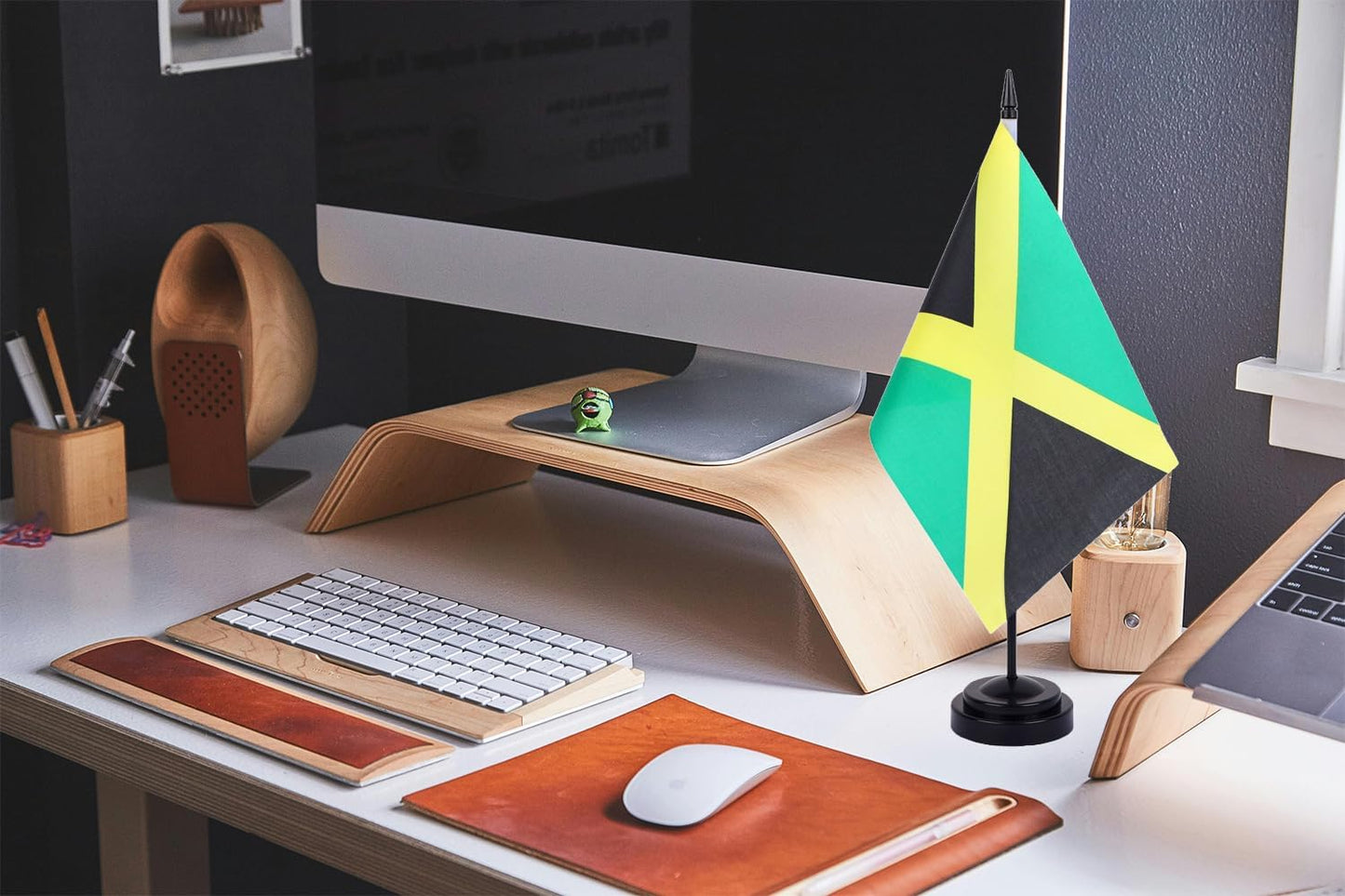 WXTWK 2 Pack Jamaica Flag Jamaica Deluxe Desk Flag Set - Mini Small Jamaican Table Office Flags with Black 12" Solid Pole Stand Base Classroom Meeting Desktop Decorations