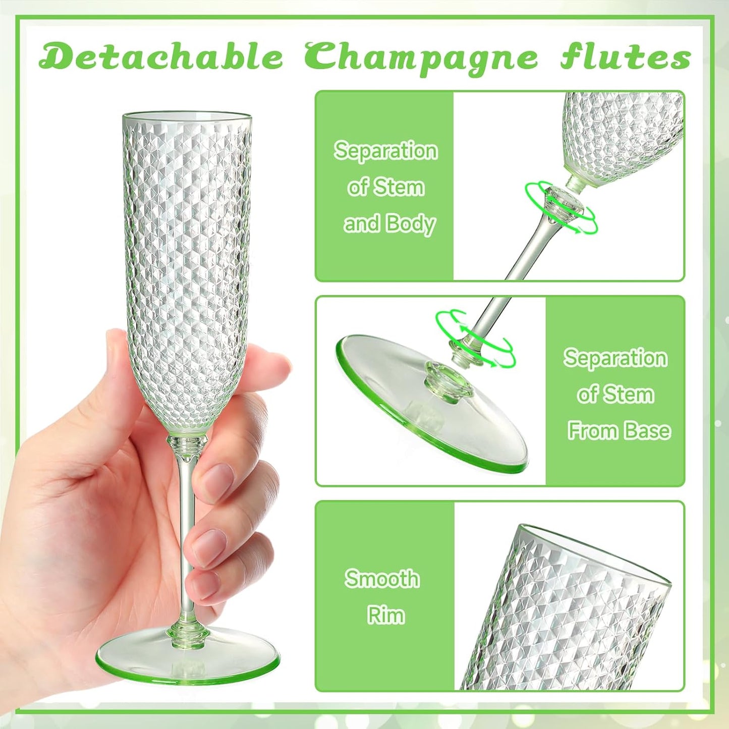 XUWAIDSGN 48 Pack Green Detachable 2 piece Champagne Flutes 5.5 Oz Unbreakable Plastic Mimosa Disposable Champagne Glasses Drinking Cups Stemmed Reusable Wine Toasting Glasses for Wedding