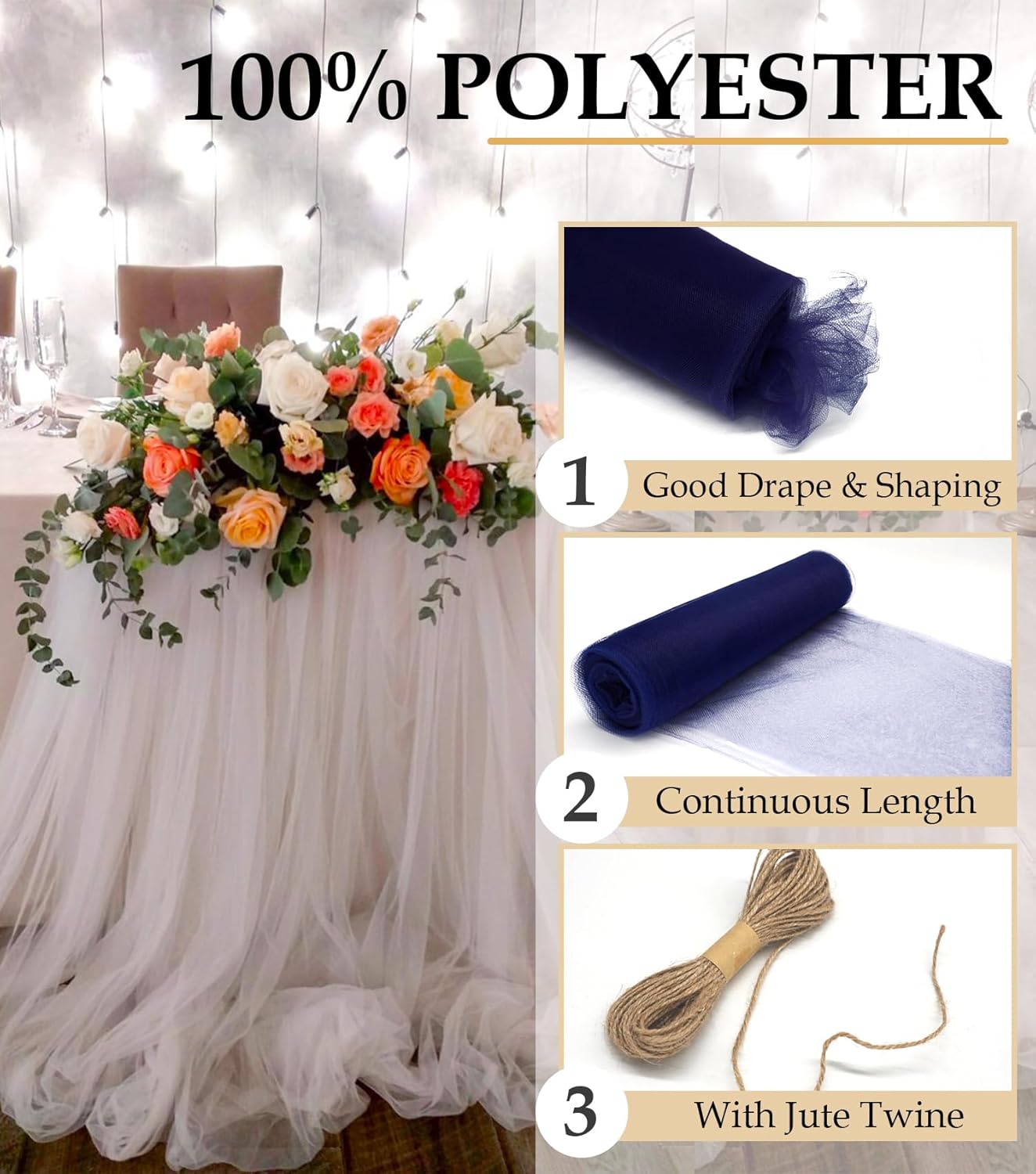 Navy Blue Tulle Fabric Roll, 54" x 40 Yards (120FT) Tulle for Wedding Decoration DIY Tutu Party Backdrop Baby Shower Table Skirts Gift Wrapping